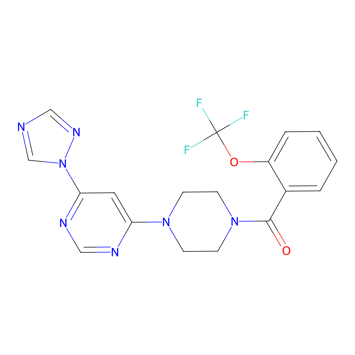 (4-(6-(1H-1,2,4-triazol-1-yl)pyrimidin-4-yl)piperazin-1-yl)(2-(trifluoromethoxy)phenyl)methanone molecular structure, CAS 1705100-29-3