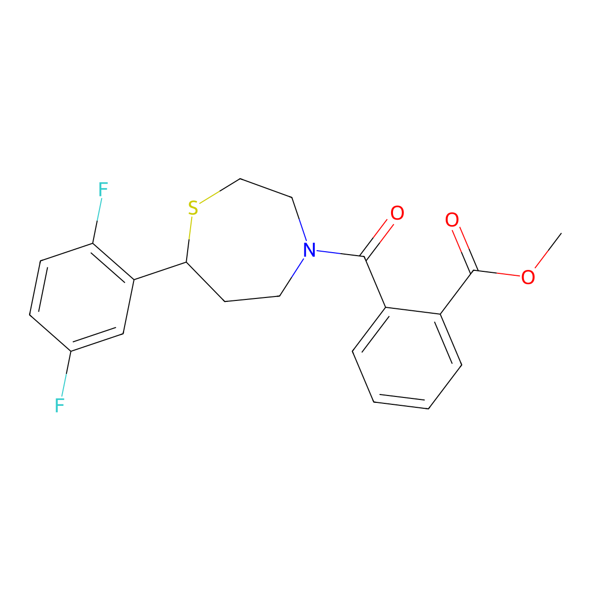 Methyl 2-[7-(2,5-difluorophenyl)-1,4-thiazepane-4-carbonyl]benzoate molecular structure, CAS 1705100-87-3