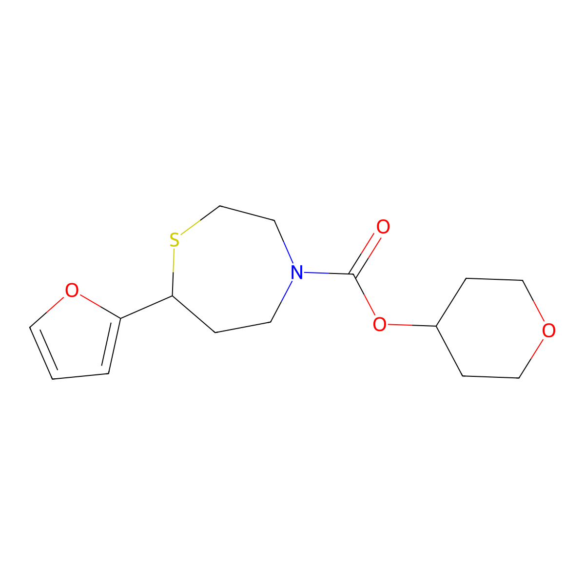 tetrahydro-2H-pyran-4-yl 7-(furan-2-yl)-1,4-thiazepane-4-carboxylate molecular structure, CAS 1705101-61-6