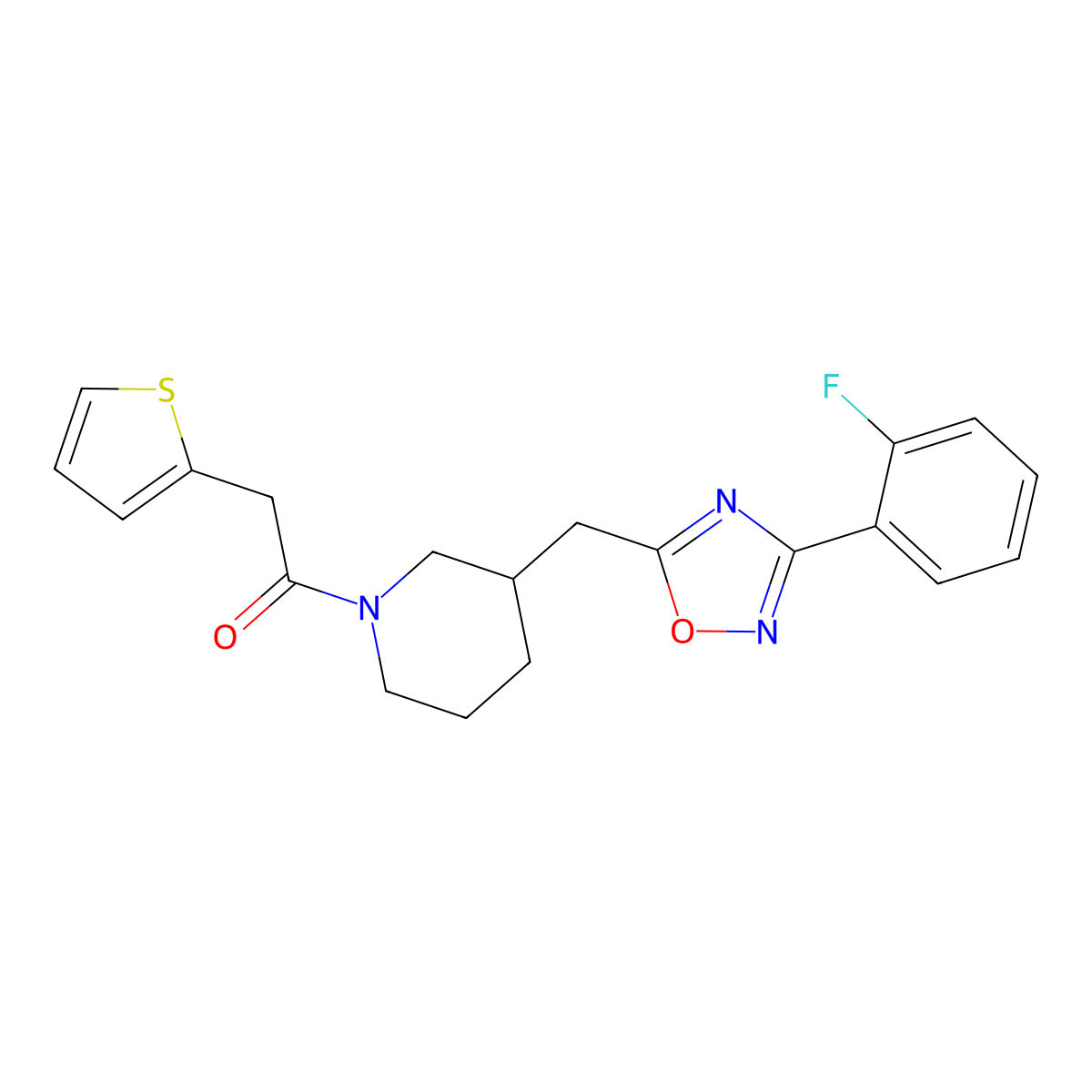 1-(3-((3-(2-Fluorophenyl)-1,2,4-oxadiazol-5-yl)methyl)piperidin-1-yl)-2-(thiophen-2-yl)ethanone molecular structure, CAS 1705102-61-9