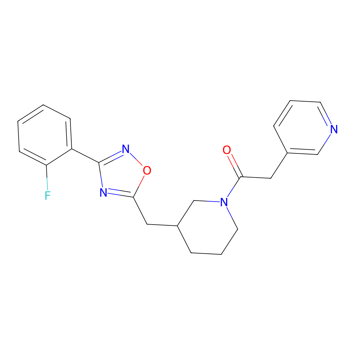 1-(3-((3-(2-Fluorophenyl)-1,2,4-oxadiazol-5-yl)methyl)piperidin-1-yl)-2-(pyridin-3-yl)ethanone molecular structure, CAS 1705103-03-2