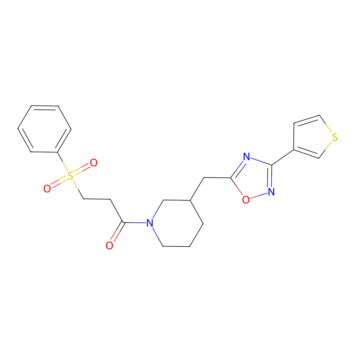 3-(Phenylsulfonyl)-1-(3-((3-(thiophen-3-yl)-1,2,4-oxadiazol-5-yl)methyl)piperidin-1-yl)propan-1-one molecular structure, CAS 1705103-26-9