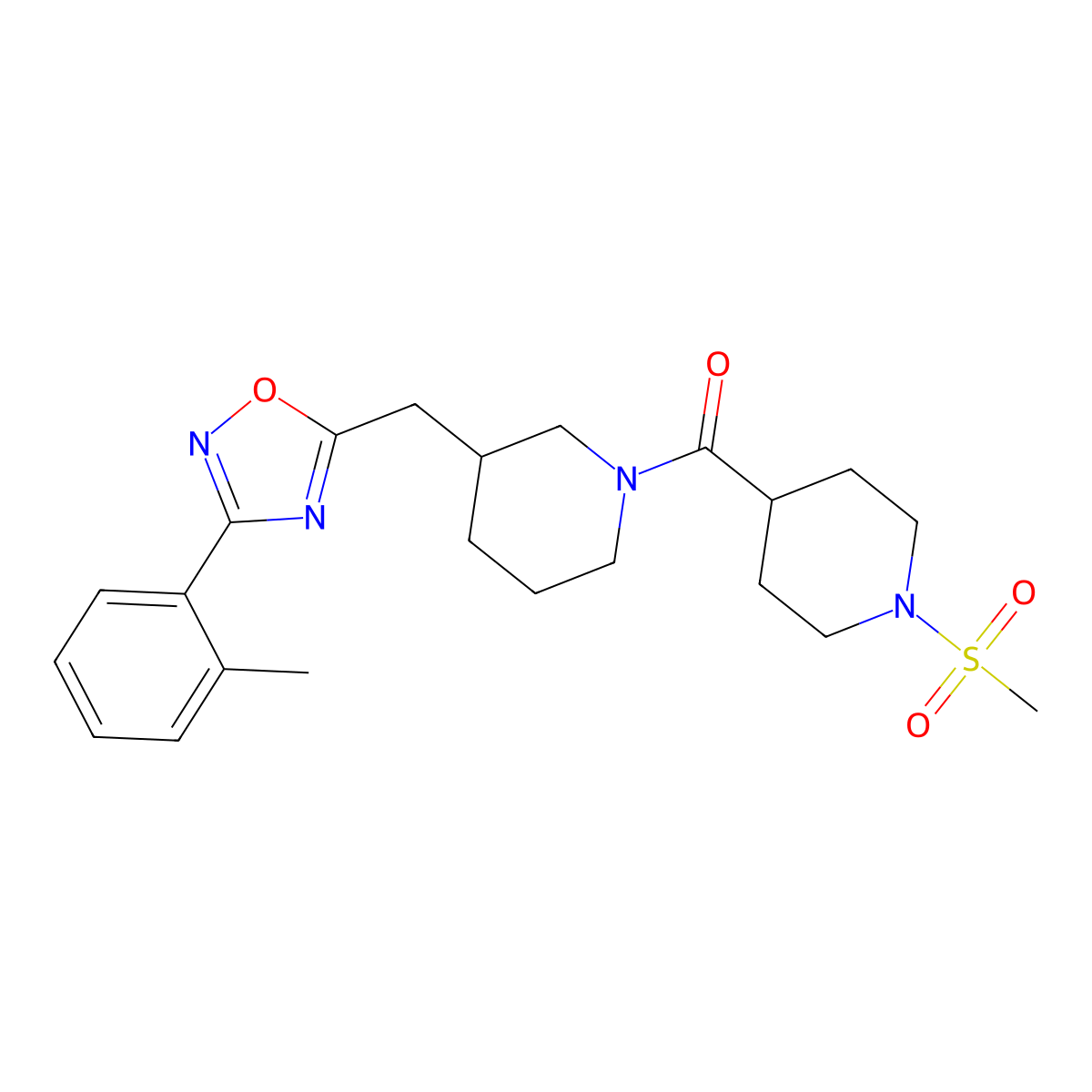 (1-(Methylsulfonyl)piperidin-4-yl)(3-((3-(o-tolyl)-1,2,4-oxadiazol-5-yl)methyl)piperidin-1-yl)methanone molecular structure, CAS 1705103-49-6