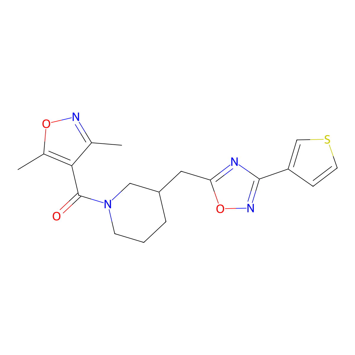 (3,5-Dimethylisoxazol-4-yl)(3-((3-(thiophen-3-yl)-1,2,4-oxadiazol-5-yl)methyl)piperidin-1-yl)methanone molecular structure, CAS 1705103-52-1