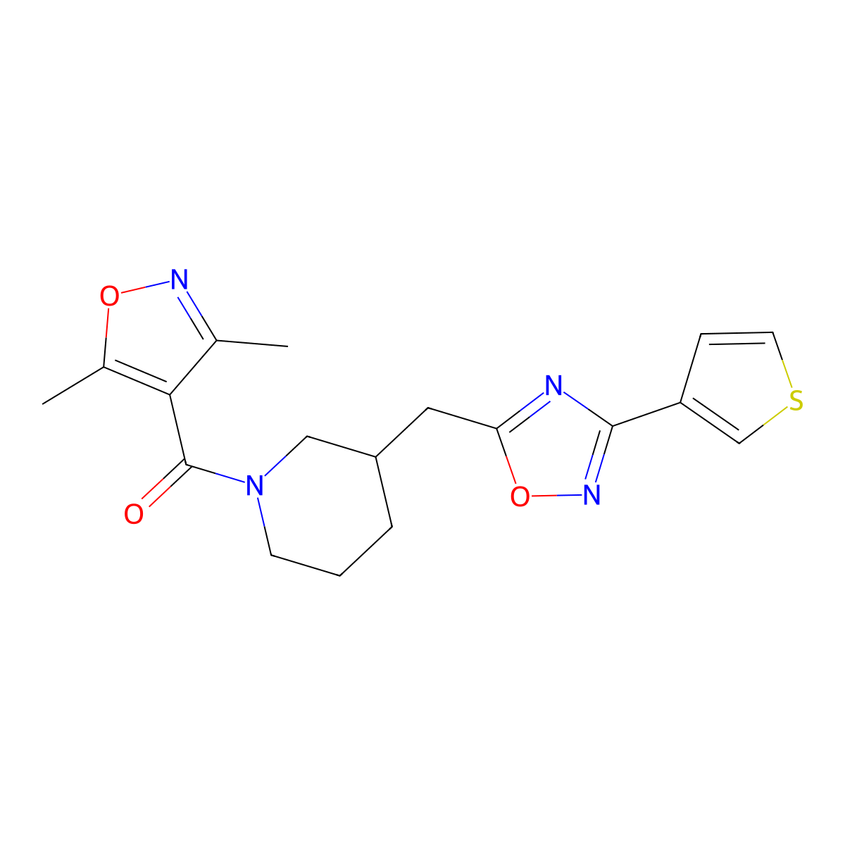 (3,5-Dimethylisoxazol-4-yl)(3-((3-(thiophen-3-yl)-1,2,4-oxadiazol-5-yl)methyl)piperidin-1-yl)methanone molecular structure, CAS 1705103-52-1