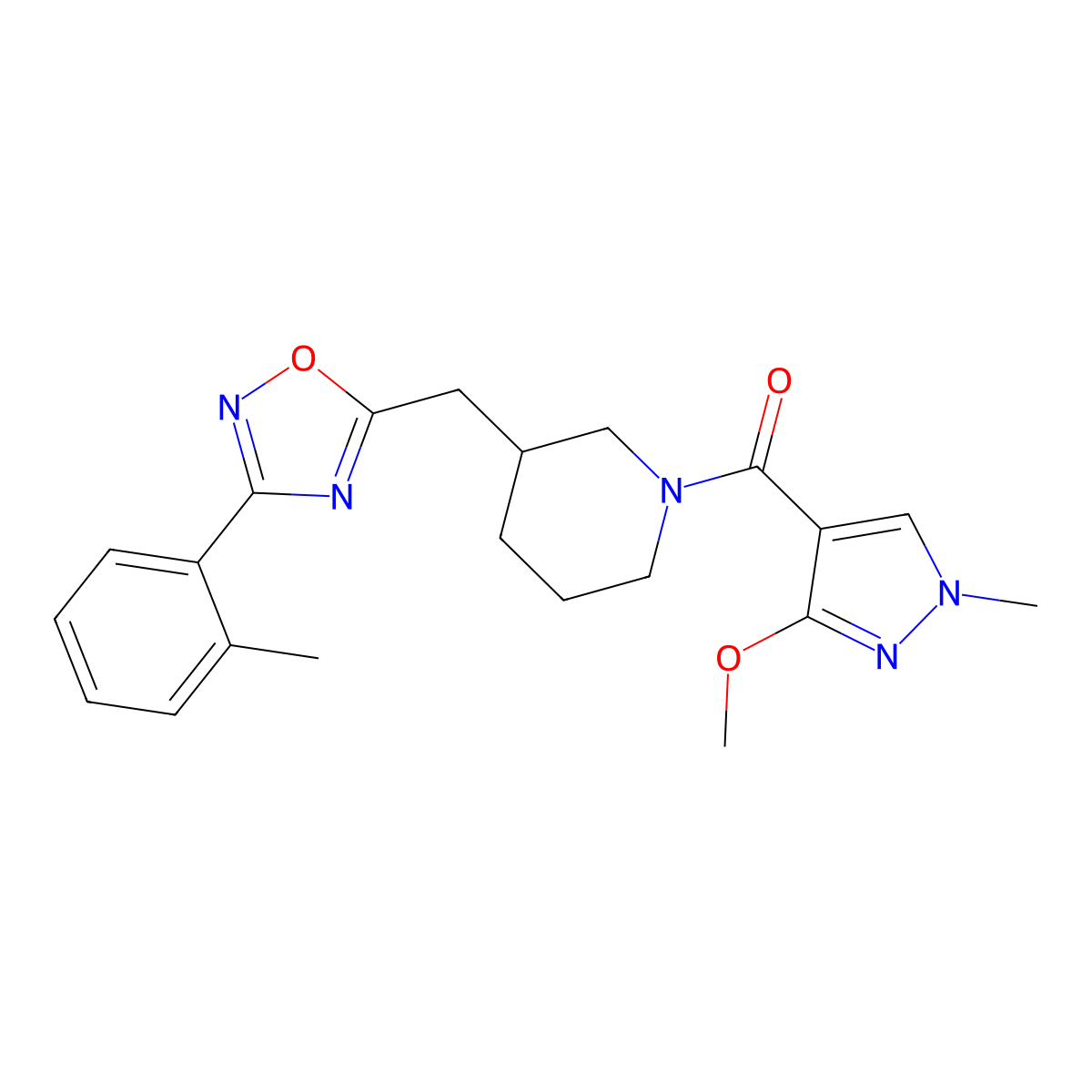 (3-methoxy-1-methyl-1H-pyrazol-4-yl)(3-((3-(o-tolyl)-1,2,4-oxadiazol-5-yl)methyl)piperidin-1-yl)methanone molecular structure, CAS 1705103-61-2