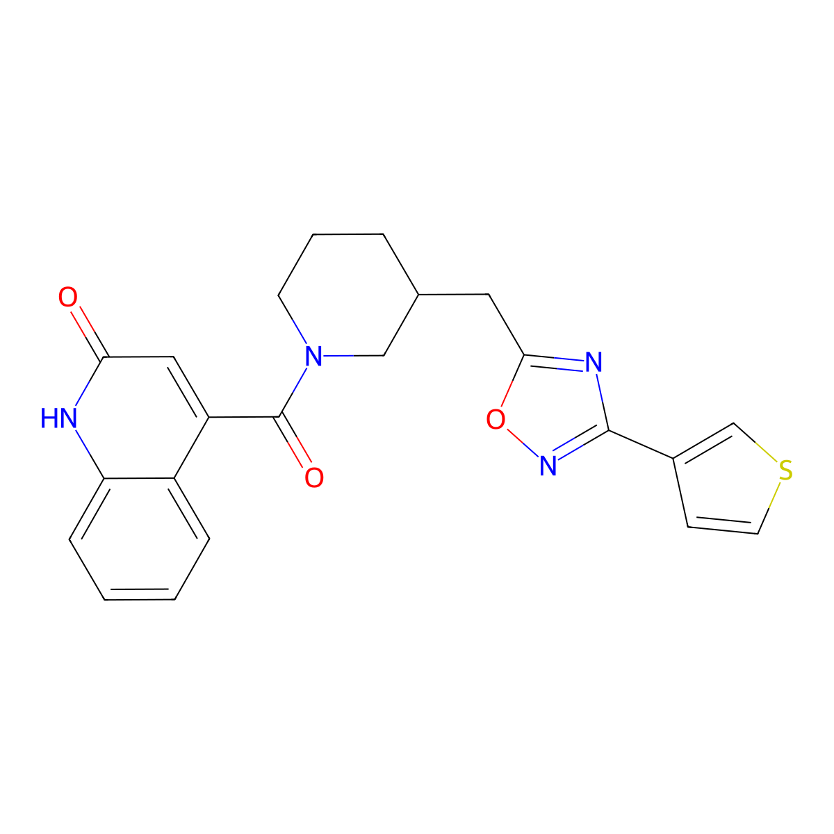 (2-Hydroxyquinolin-4-yl)(3-((3-(thiophen-3-yl)-1,2,4-oxadiazol-5-yl)methyl)piperidin-1-yl)methanone molecular structure, CAS 1705103-62-3