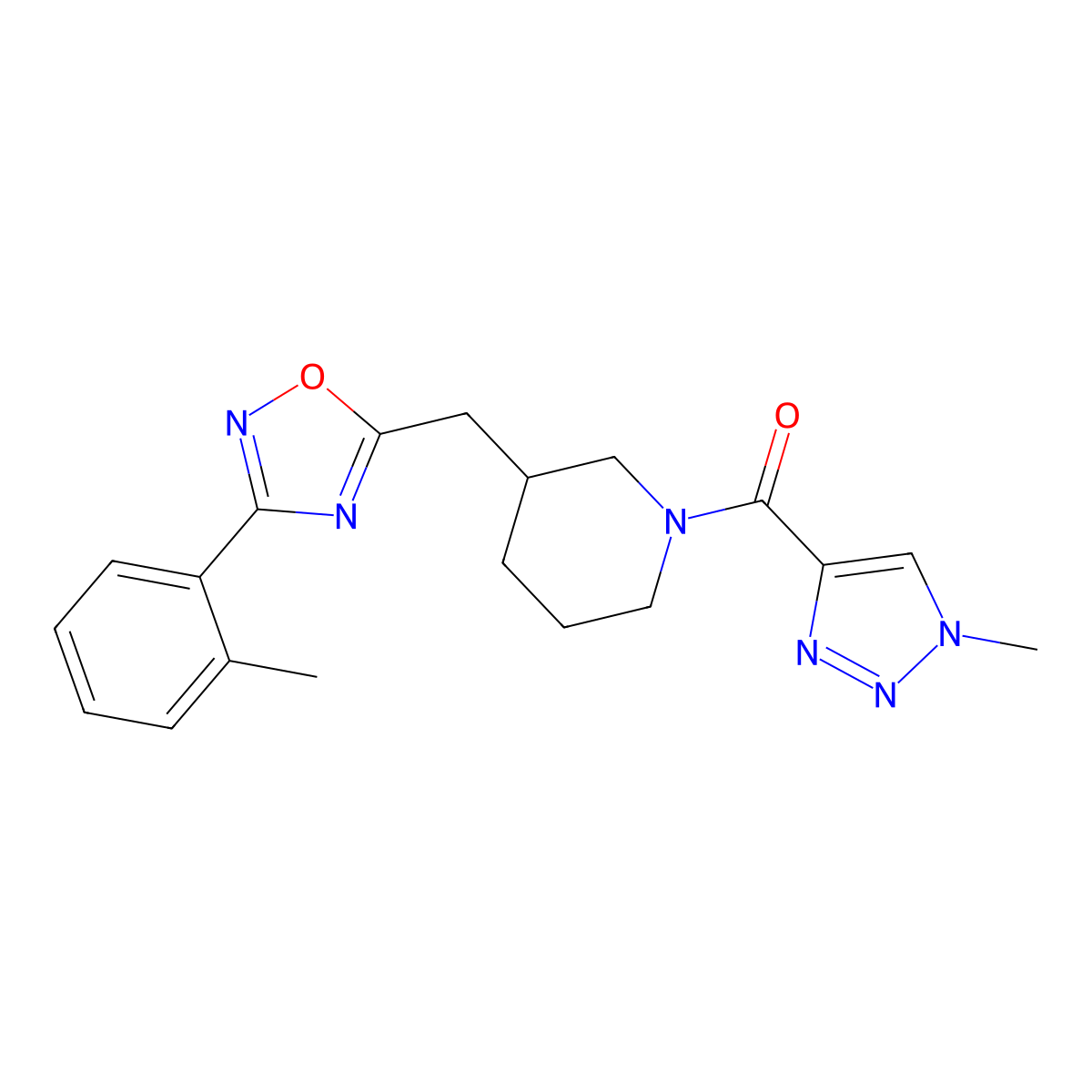 (1-methyl-1H-1,2,3-triazol-4-yl)(3-((3-(o-tolyl)-1,2,4-oxadiazol-5-yl)methyl)piperidin-1-yl)methanone molecular structure, CAS 1705103-66-7