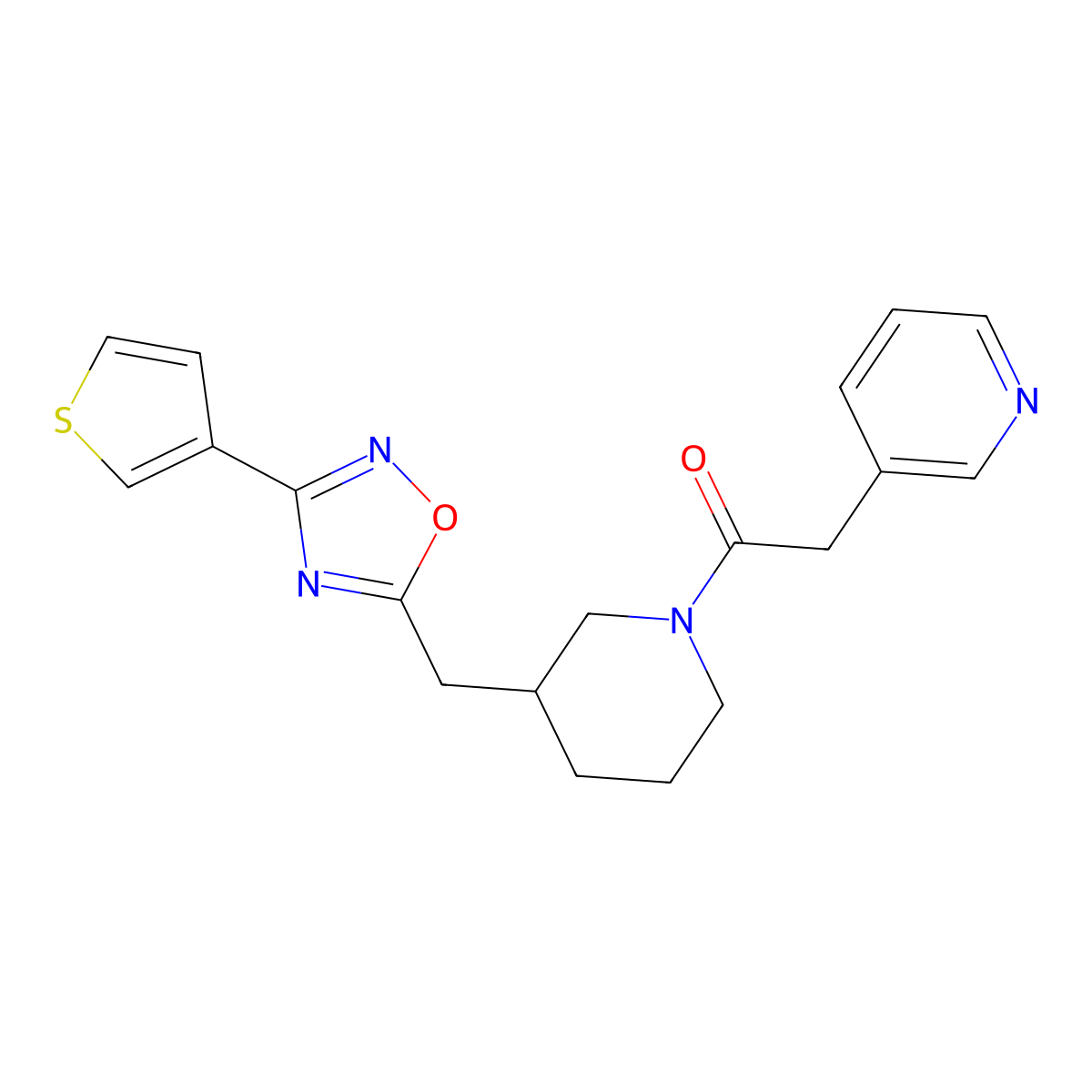 2-(Pyridin-3-yl)-1-(3-((3-(thiophen-3-yl)-1,2,4-oxadiazol-5-yl)methyl)piperidin-1-yl)ethanone molecular structure, CAS 1705103-67-8