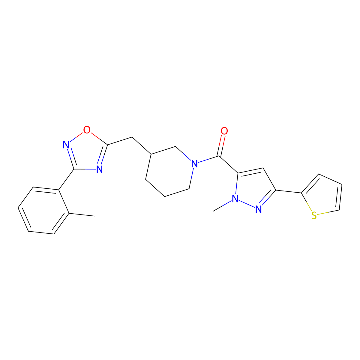 1-[1-methyl-3-(thiophen-2-yl)-1H-pyrazole-5-carbonyl]-3-{[3-(2-methylphenyl)-1,2,4-oxadiazol-5-yl]methyl}piperidine molecular structure, CAS 1705103-70-3