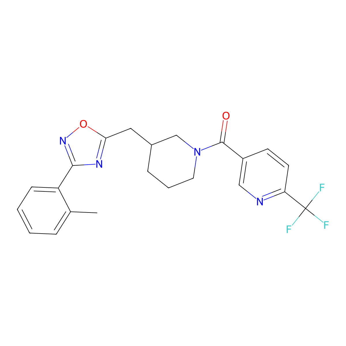 (3-((3-(o-Tolyl)-1,2,4-oxadiazol-5-yl)methyl)piperidin-1-yl)(6-(trifluoromethyl)pyridin-3-yl)methanone molecular structure, CAS 1705103-89-4