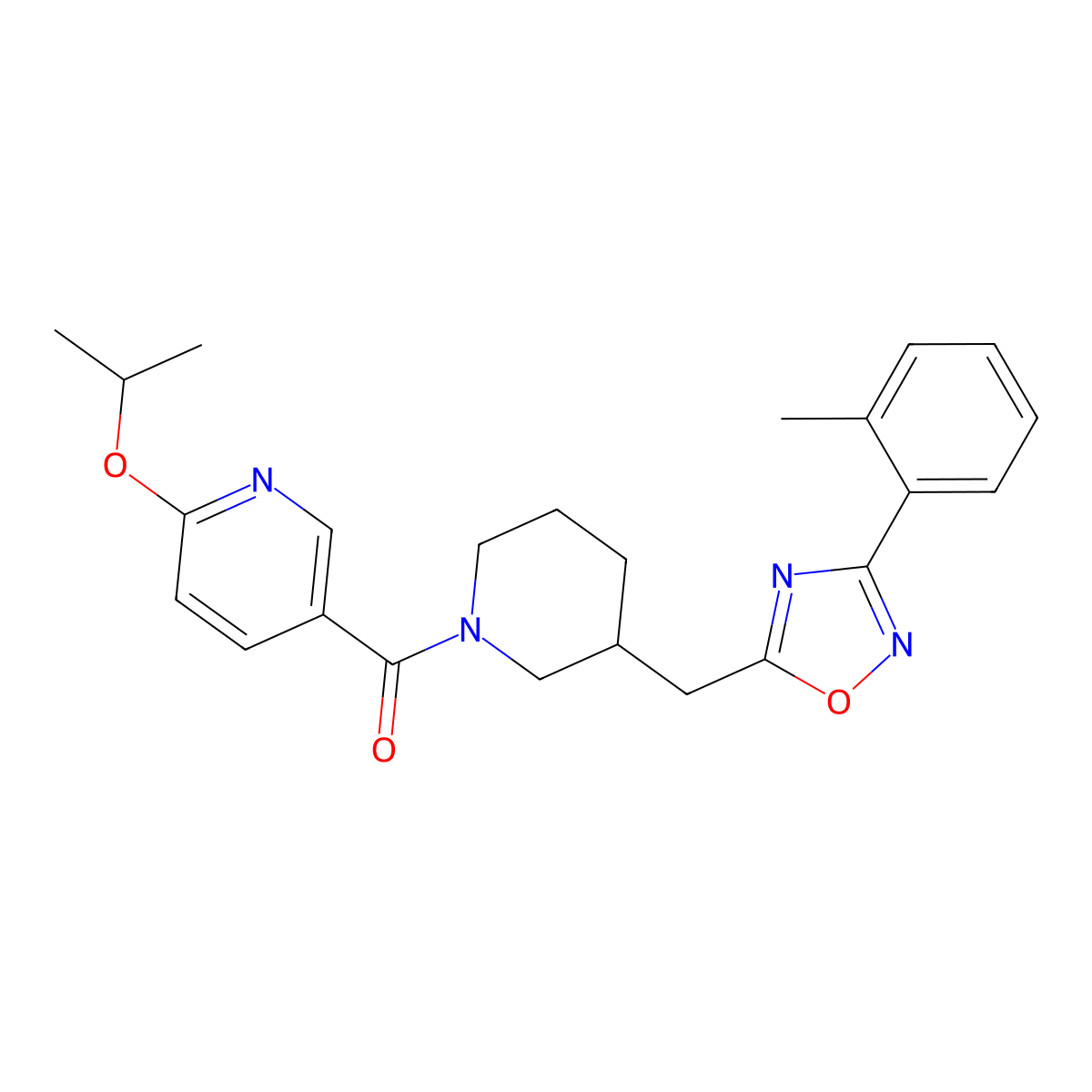 (6-Isopropoxypyridin-3-yl)(3-((3-(o-tolyl)-1,2,4-oxadiazol-5-yl)methyl)piperidin-1-yl)methanone molecular structure, CAS 1705104-03-5