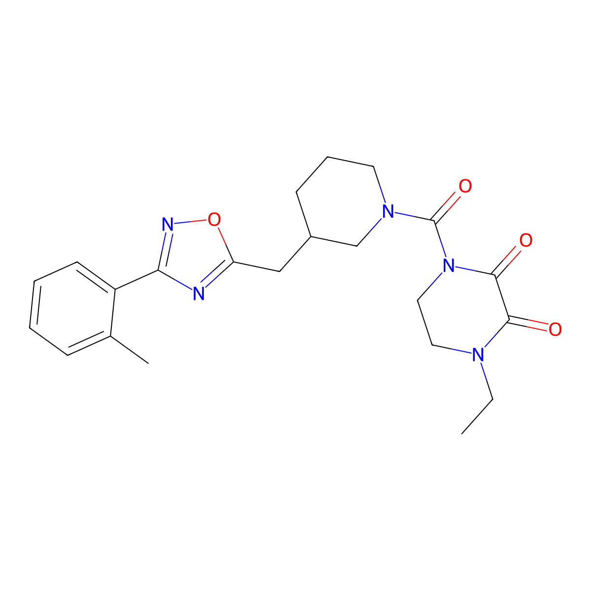 1-Ethyl-4-(3-((3-(o-tolyl)-1,2,4-oxadiazol-5-yl)methyl)piperidine-1-carbonyl)piperazine-2,3-dione molecular structure, CAS 1705104-08-0