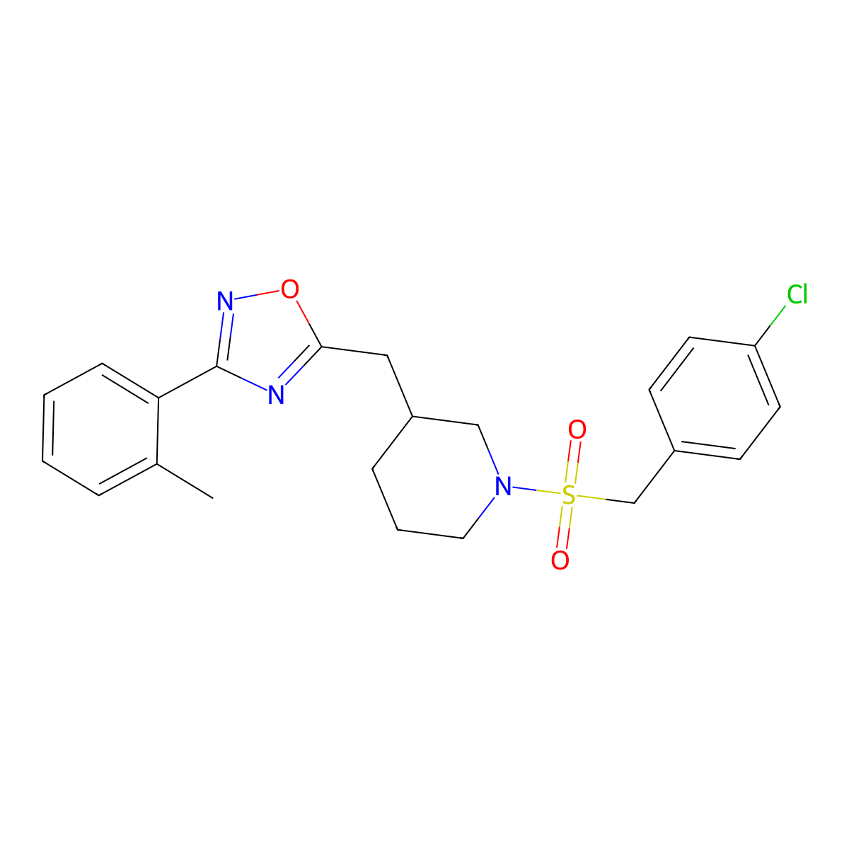 5-((1-((4-Chlorobenzyl)sulfonyl)piperidin-3-yl)methyl)-3-(o-tolyl)-1,2,4-oxadiazole molecular structure, CAS 1705104-25-1