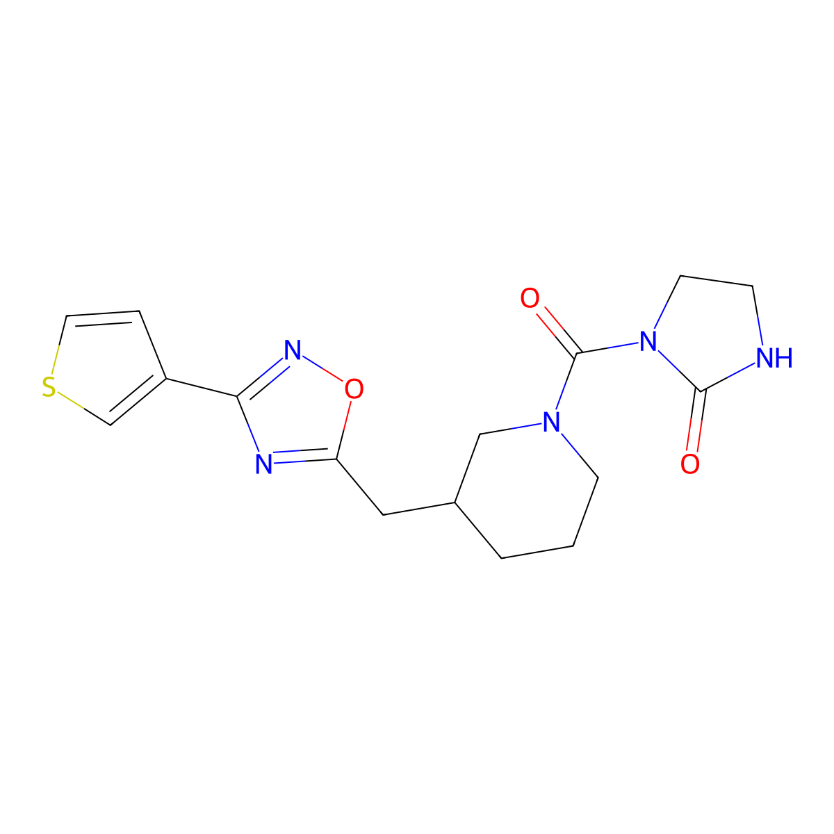 1-(3-{[3-(Thiophen-3-yl)-1,2,4-oxadiazol-5-yl]methyl}piperidine-1-carbonyl)imidazolidin-2-one molecular structure, CAS 1705104-34-2