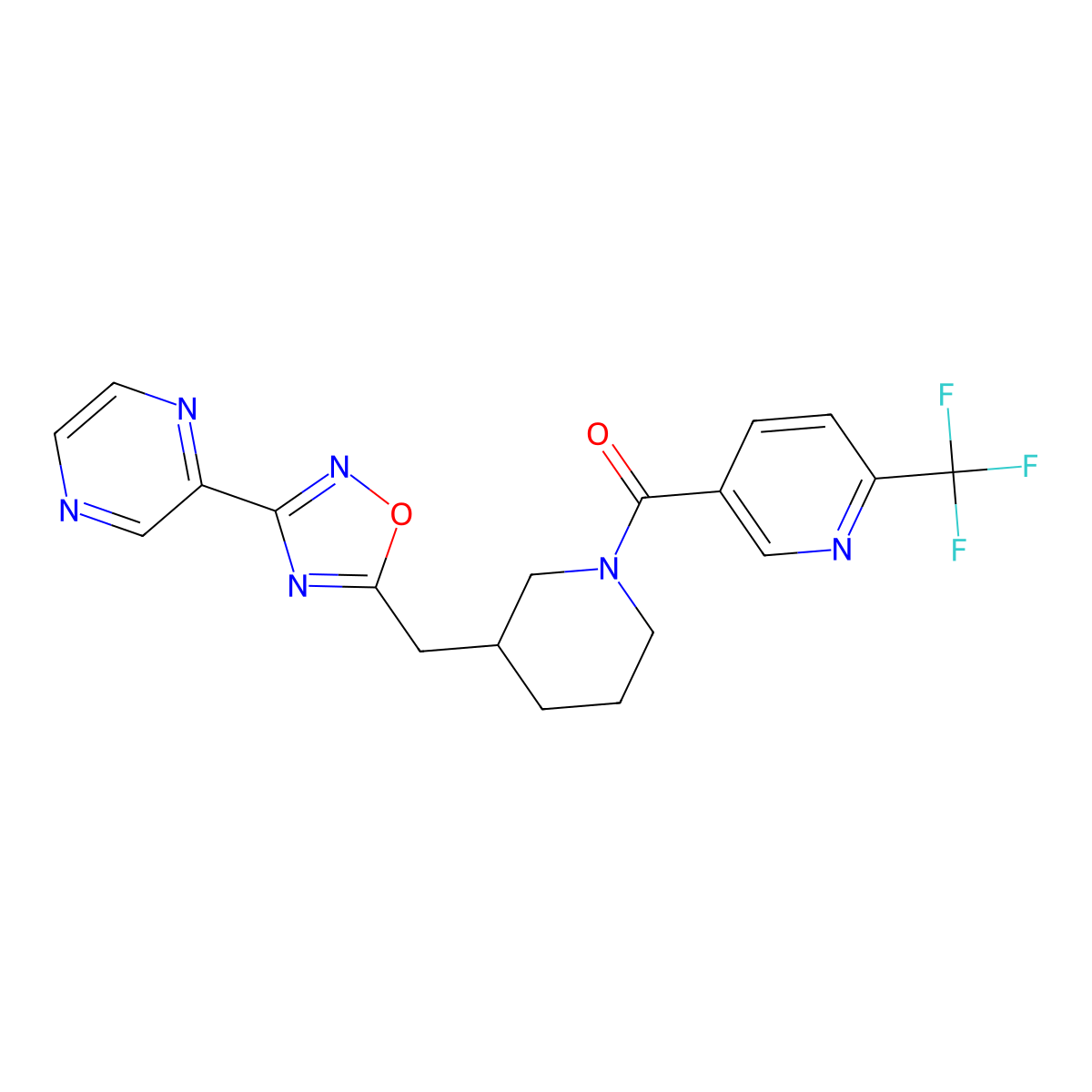(3-((3-(Pyrazin-2-yl)-1,2,4-oxadiazol-5-yl)methyl)piperidin-1-yl)(6-(trifluoromethyl)pyridin-3-yl)methanone molecular structure, CAS 1705105-64-1