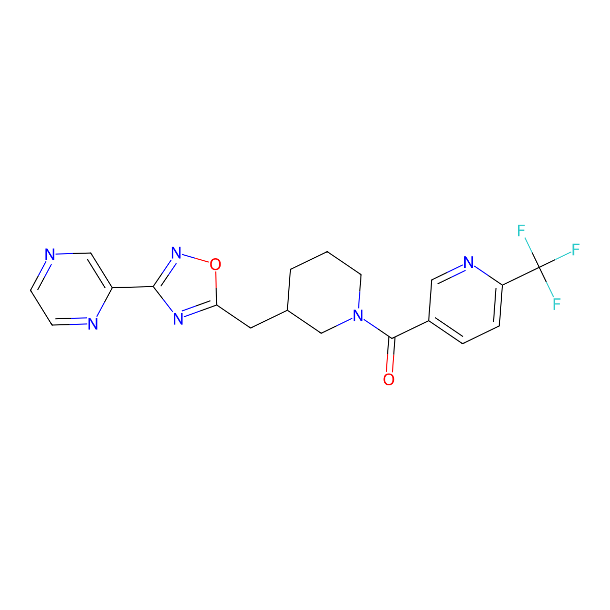 (3-((3-(Pyrazin-2-yl)-1,2,4-oxadiazol-5-yl)methyl)piperidin-1-yl)(6-(trifluoromethyl)pyridin-3-yl)methanone molecular structure, CAS 1705105-64-1