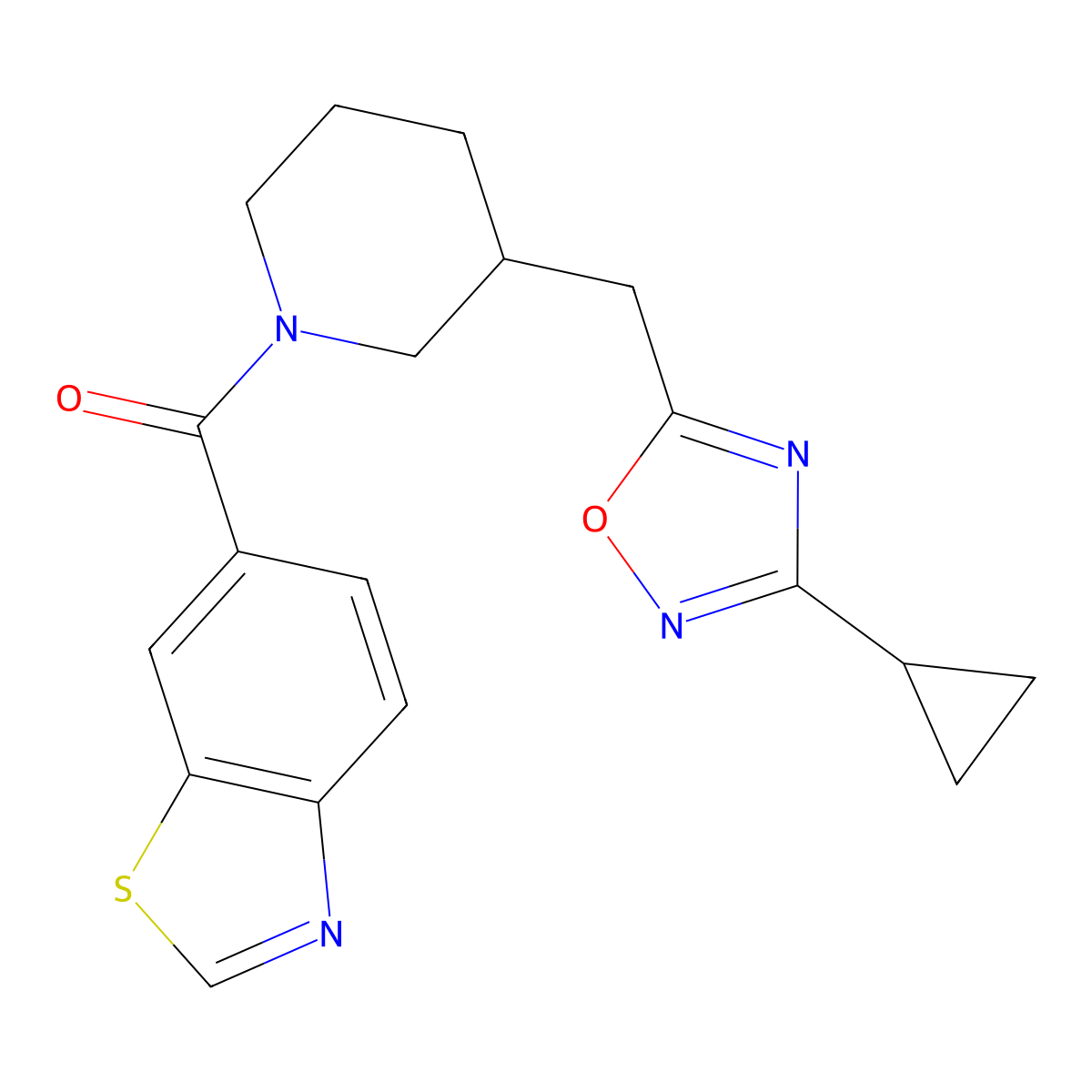 Benzo[d]thiazol-6-yl(3-((3-cyclopropyl-1,2,4-oxadiazol-5-yl)methyl)piperidin-1-yl)methanone molecular structure, CAS 1705106-52-0