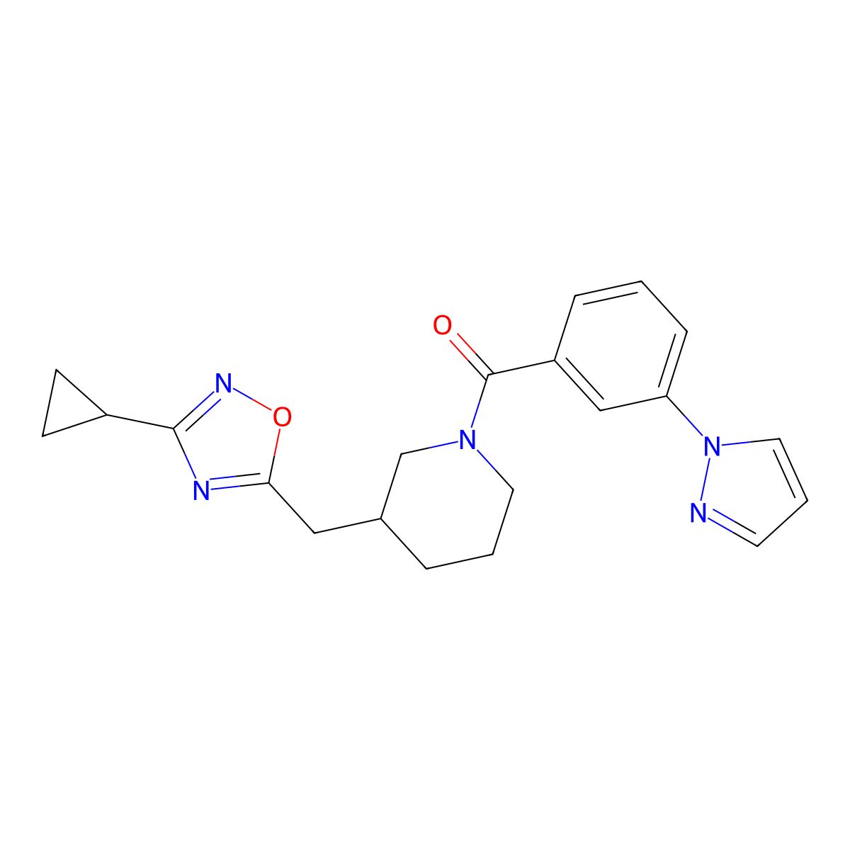 (3-(1H-pyrazol-1-yl)phenyl)(3-((3-cyclopropyl-1,2,4-oxadiazol-5-yl)methyl)piperidin-1-yl)methanone molecular structure, CAS 1705107-19-2