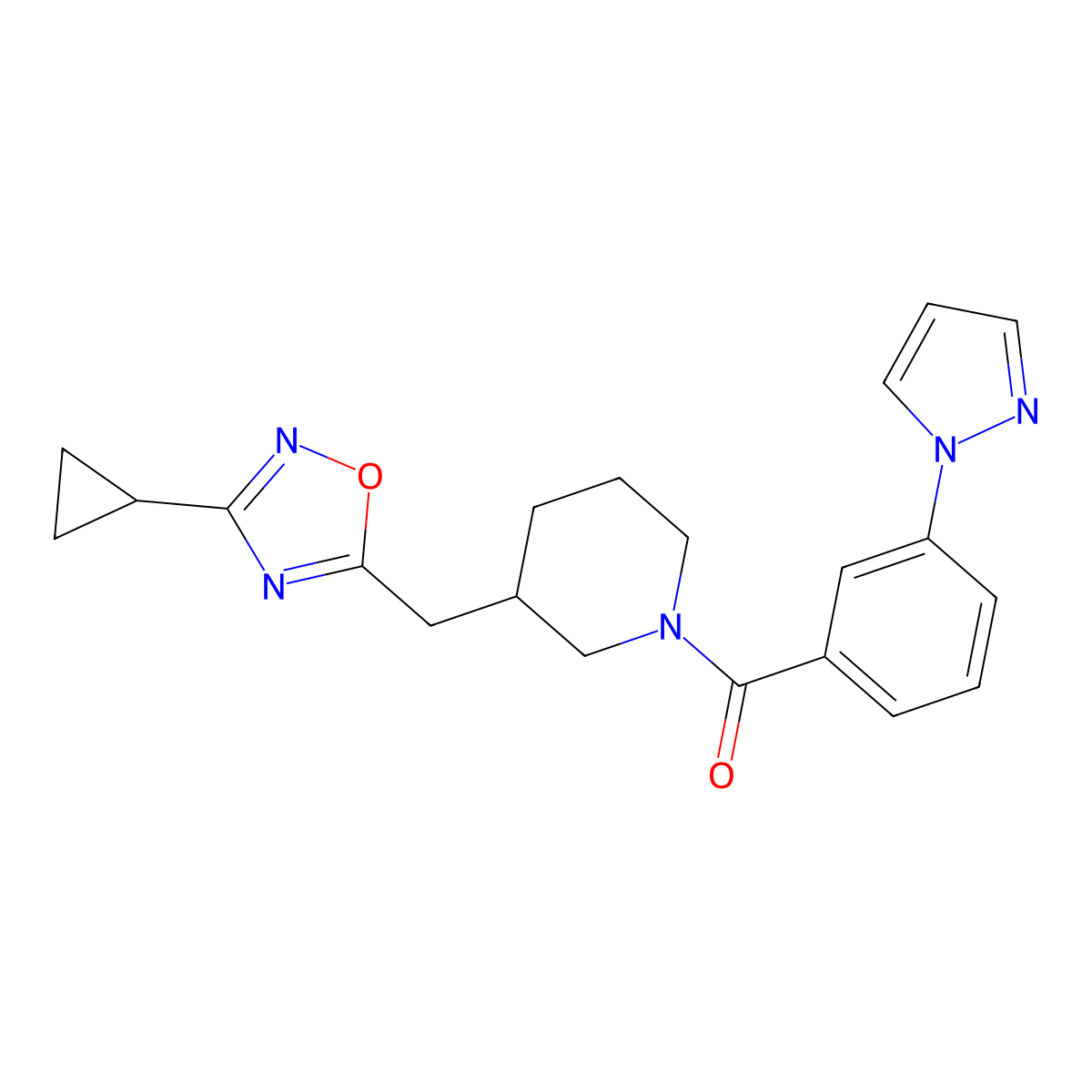 (3-(1H-pyrazol-1-yl)phenyl)(3-((3-cyclopropyl-1,2,4-oxadiazol-5-yl)methyl)piperidin-1-yl)methanone molecular structure, CAS 1705107-19-2