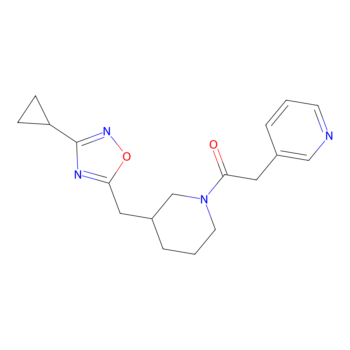1-(3-((3-Cyclopropyl-1,2,4-oxadiazol-5-yl)methyl)piperidin-1-yl)-2-(pyridin-3-yl)ethanone molecular structure, CAS 1705107-57-8