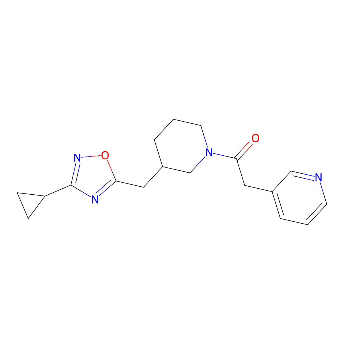1-(3-((3-Cyclopropyl-1,2,4-oxadiazol-5-yl)methyl)piperidin-1-yl)-2-(pyridin-3-yl)ethanone molecular structure, CAS 1705107-57-8