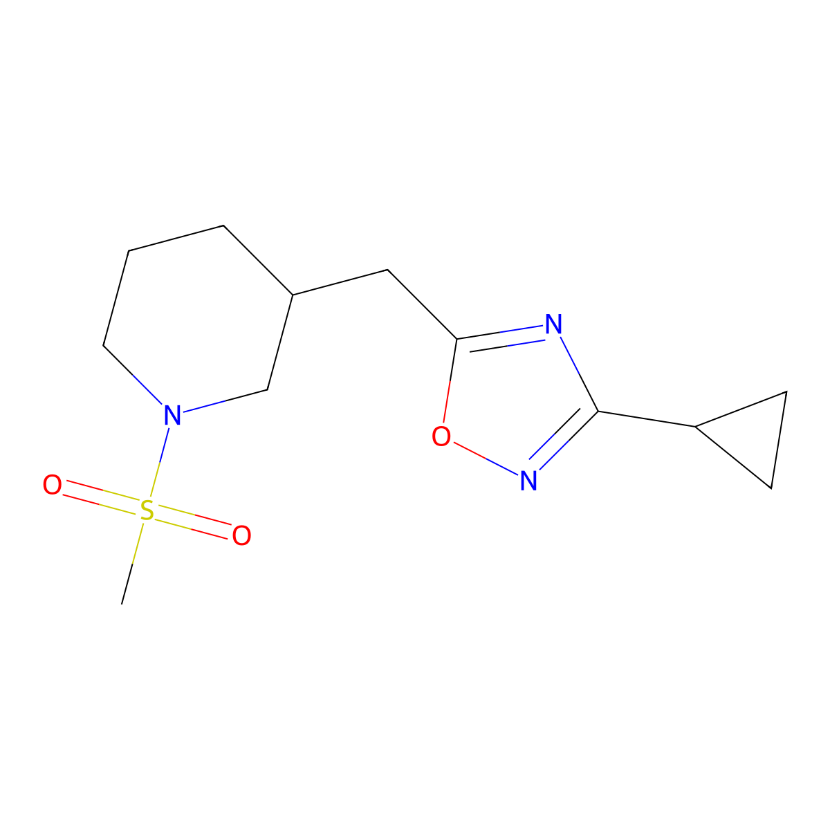 3-Cyclopropyl-5-((1-(methylsulfonyl)piperidin-3-yl)methyl)-1,2,4-oxadiazole molecular structure, CAS 1705107-82-9