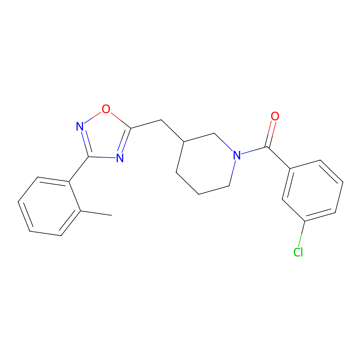 (3-Chlorophenyl)(3-((3-(o-tolyl)-1,2,4-oxadiazol-5-yl)methyl)piperidin-1-yl)methanone molecular structure, CAS 1705109-13-2