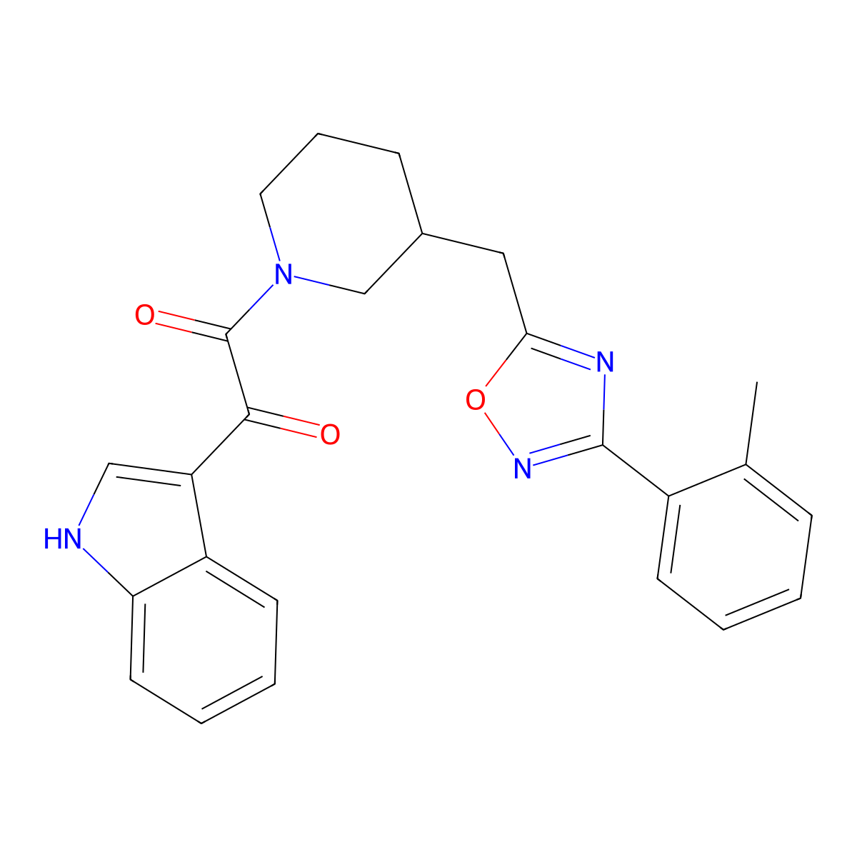 1-(1H-indol-3-yl)-2-(3-((3-(o-tolyl)-1,2,4-oxadiazol-5-yl)methyl)piperidin-1-yl)ethane-1,2-dione molecular structure, CAS 1705109-57-4