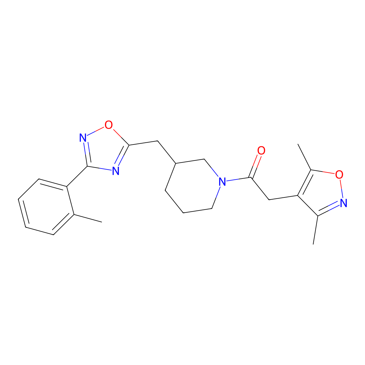2-(3,5-Dimethylisoxazol-4-yl)-1-(3-((3-(o-tolyl)-1,2,4-oxadiazol-5-yl)methyl)piperidin-1-yl)ethanone molecular structure, CAS 1705109-64-3