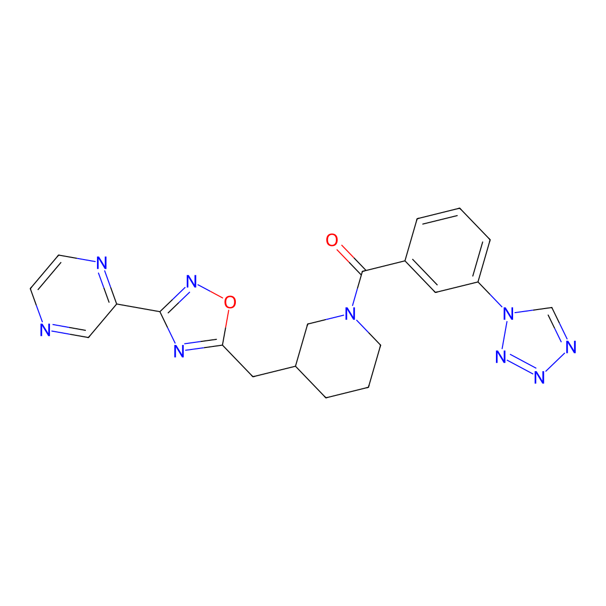 (3-(1H-tetrazol-1-yl)phenyl)(3-((3-(pyrazin-2-yl)-1,2,4-oxadiazol-5-yl)methyl)piperidin-1-yl)methanone molecular structure, CAS 1705110-23-1