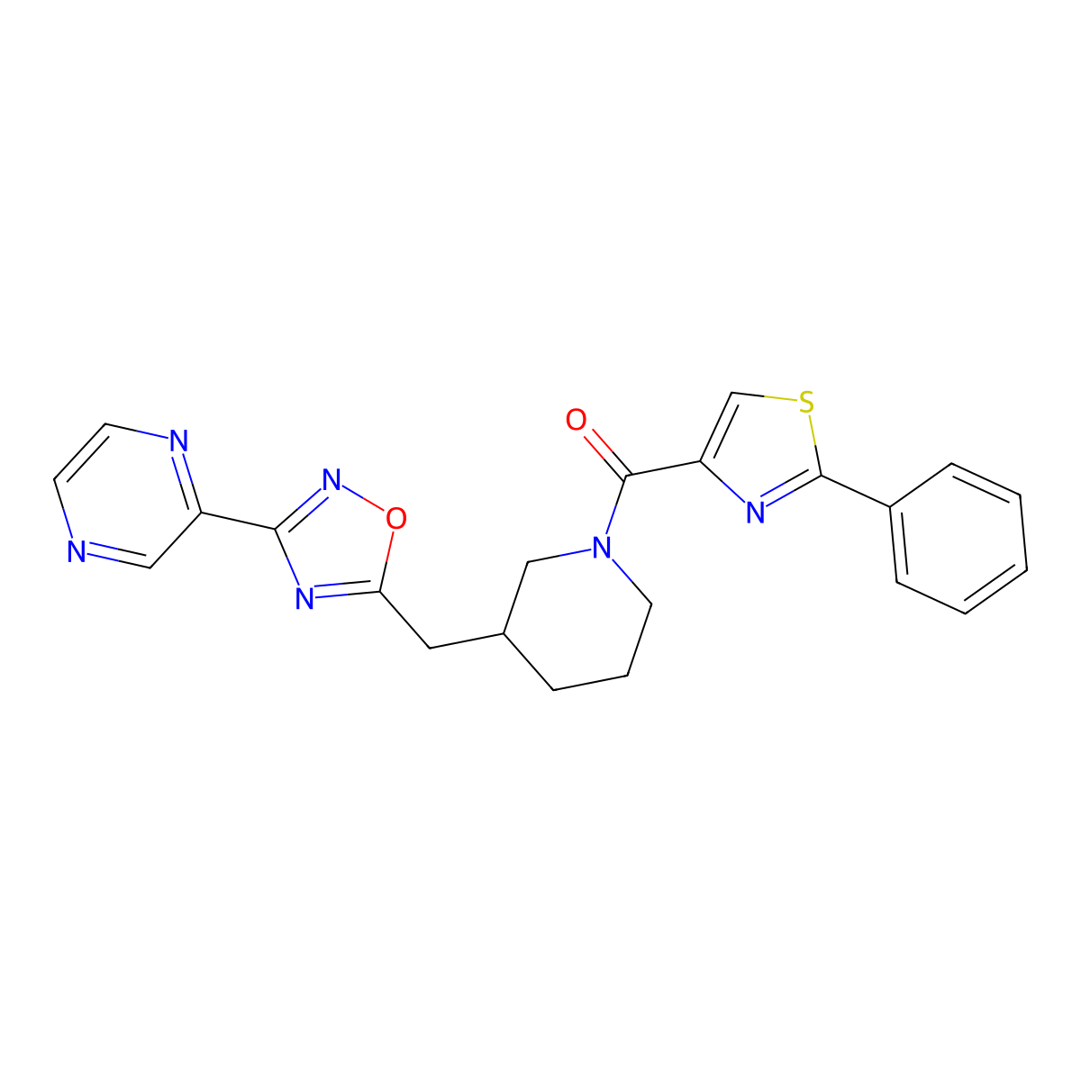 (2-Phenylthiazol-4-yl)(3-((3-(pyrazin-2-yl)-1,2,4-oxadiazol-5-yl)methyl)piperidin-1-yl)methanone molecular structure, CAS 1705110-28-6