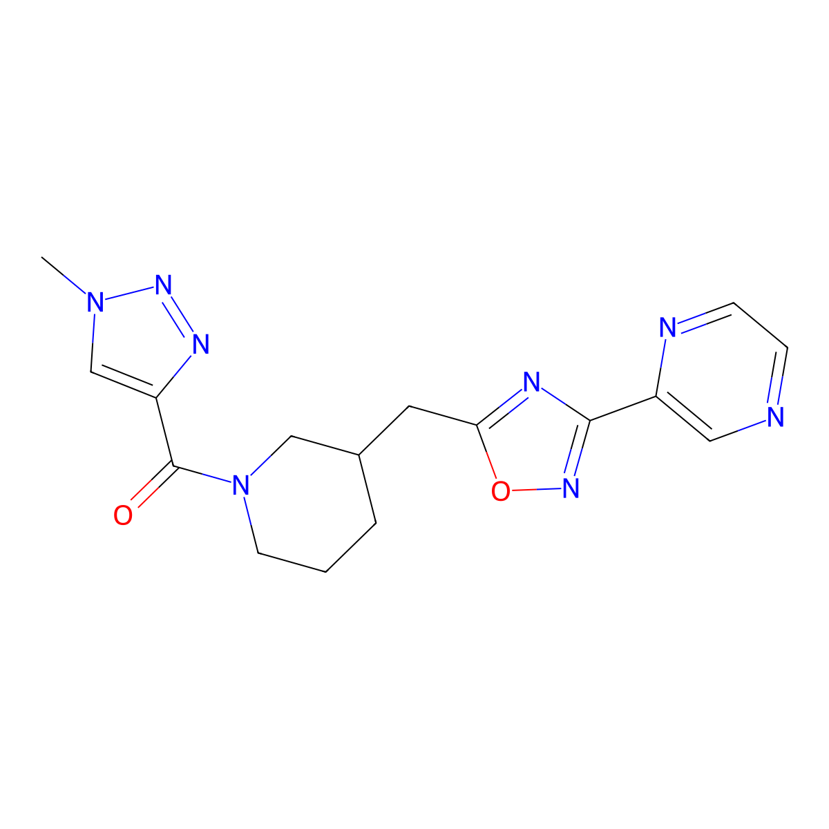 (1-methyl-1H-1,2,3-triazol-4-yl)(3-((3-(pyrazin-2-yl)-1,2,4-oxadiazol-5-yl)methyl)piperidin-1-yl)methanone molecular structure, CAS 1705110-90-2
