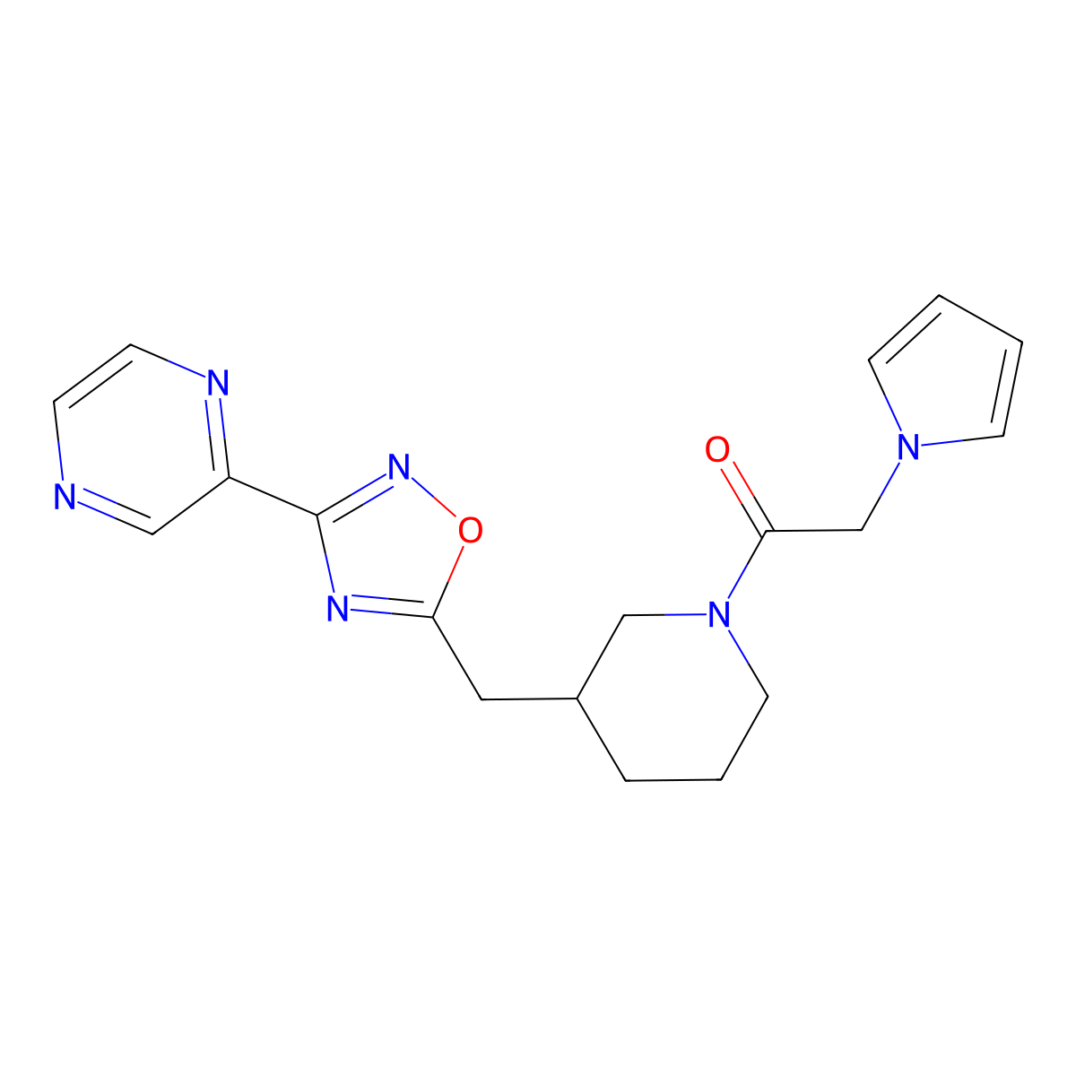 1-(3-((3-(pyrazin-2-yl)-1,2,4-oxadiazol-5-yl)methyl)piperidin-1-yl)-2-(1H-pyrrol-1-yl)ethanone molecular structure, CAS 1705111-00-7