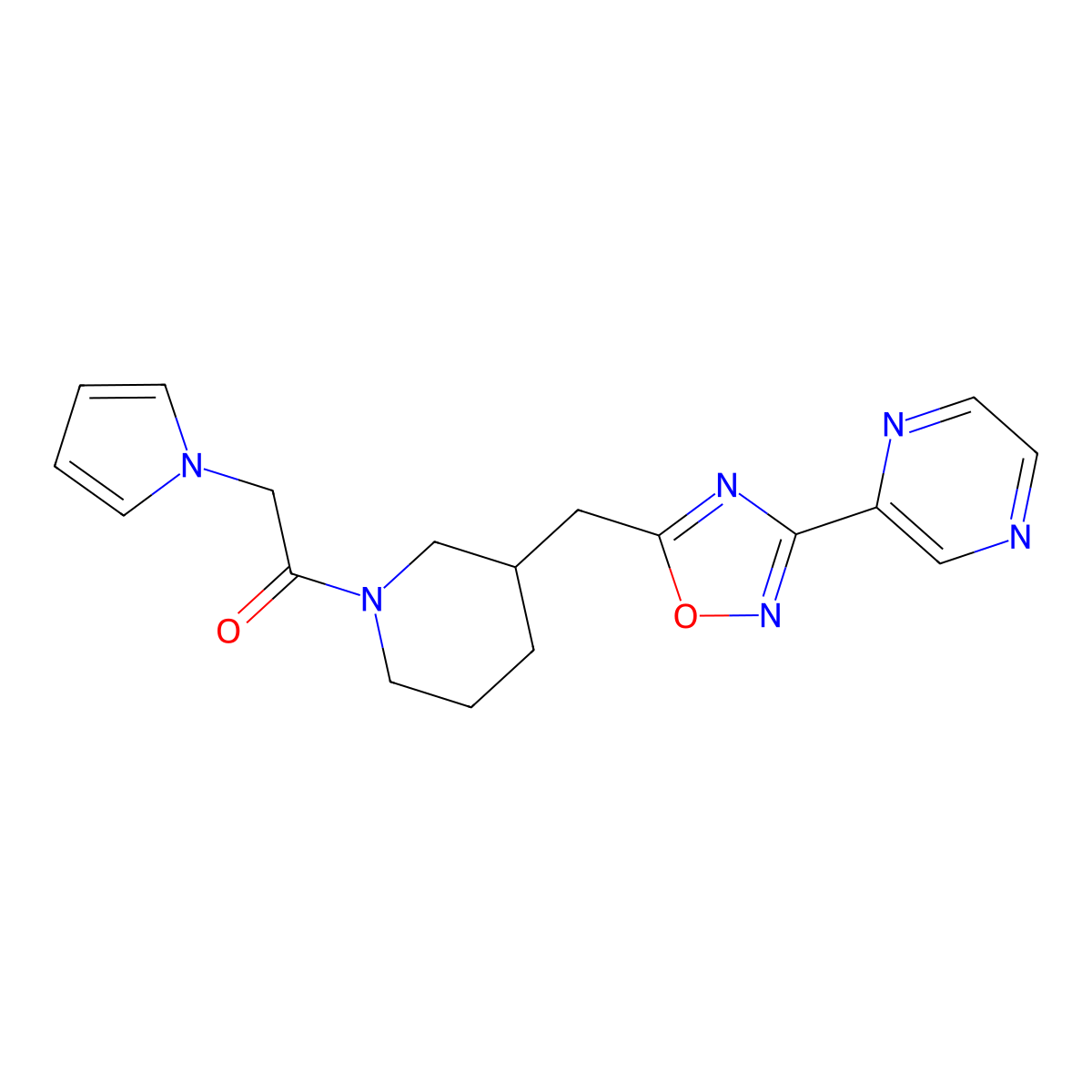 1-(3-((3-(pyrazin-2-yl)-1,2,4-oxadiazol-5-yl)methyl)piperidin-1-yl)-2-(1H-pyrrol-1-yl)ethanone molecular structure, CAS 1705111-00-7