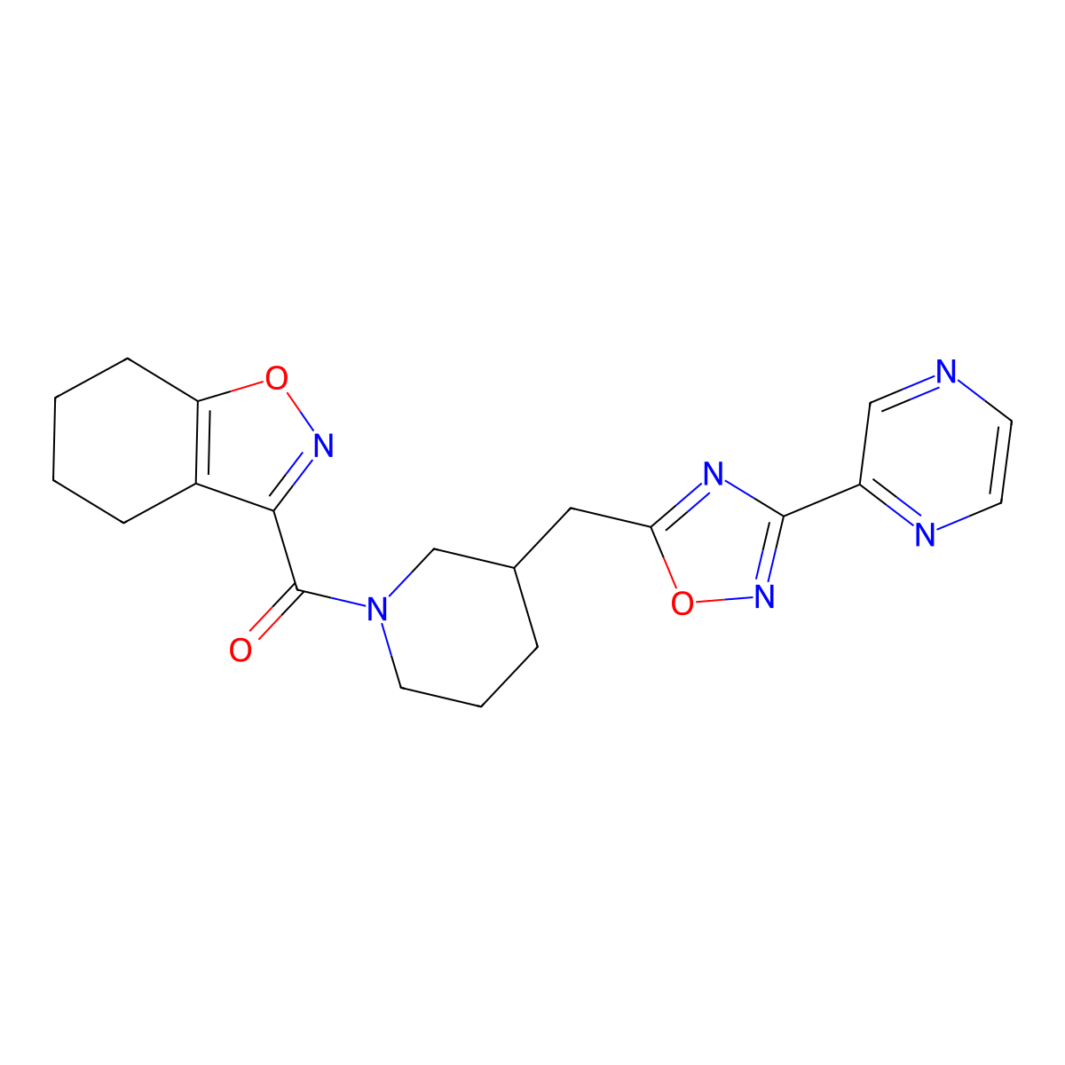 (3-((3-(Pyrazin-2-yl)-1,2,4-oxadiazol-5-yl)methyl)piperidin-1-yl)(4,5,6,7-tetrahydrobenzo[d]isoxazol-3-yl)methanone molecular structure, CAS 1705111-04-1