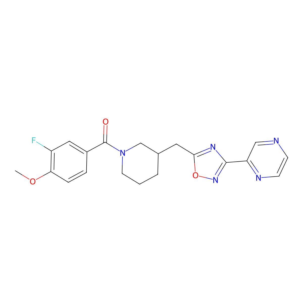 (3-Fluoro-4-methoxyphenyl)(3-((3-(pyrazin-2-yl)-1,2,4-oxadiazol-5-yl)methyl)piperidin-1-yl)methanone molecular structure, CAS 1705111-07-4