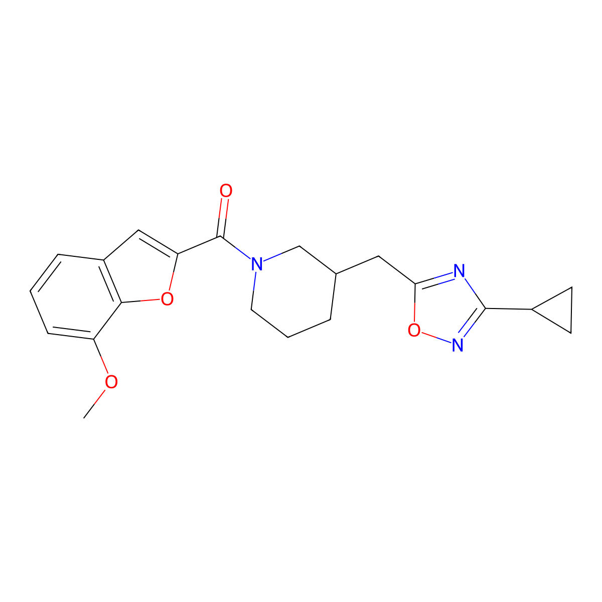 (3-((3-Cyclopropyl-1,2,4-oxadiazol-5-yl)methyl)piperidin-1-yl)(7-methoxybenzofuran-2-yl)methanone molecular structure, CAS 1705127-01-0