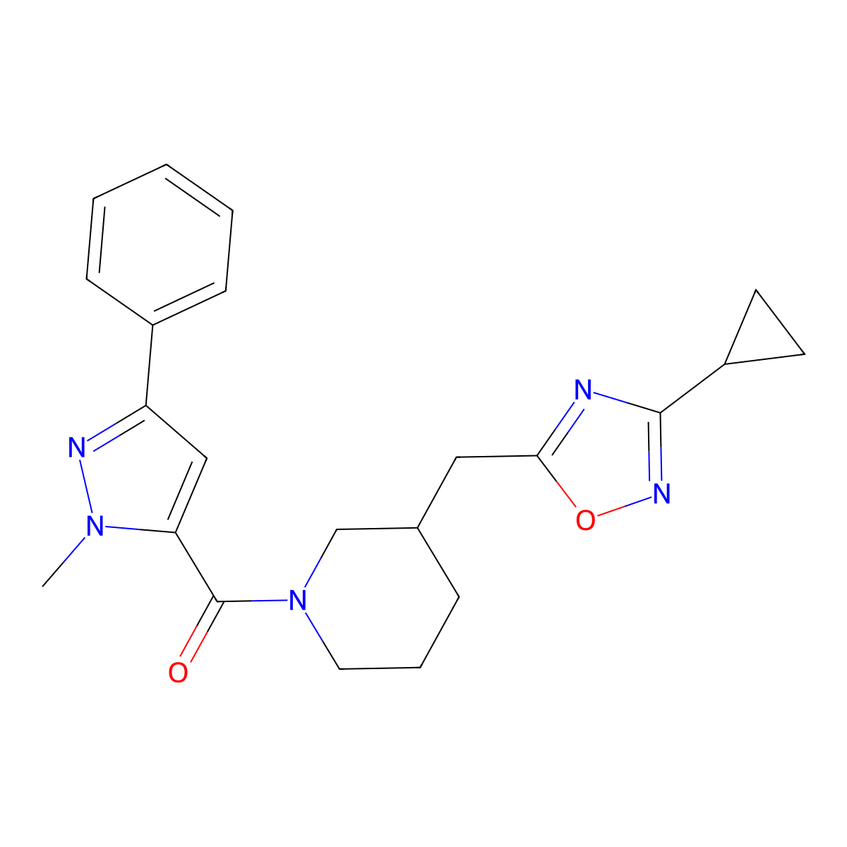 (3-((3-cyclopropyl-1,2,4-oxadiazol-5-yl)methyl)piperidin-1-yl)(1-methyl-3-phenyl-1H-pyrazol-5-yl)methanone molecular structure, CAS 1705127-06-5