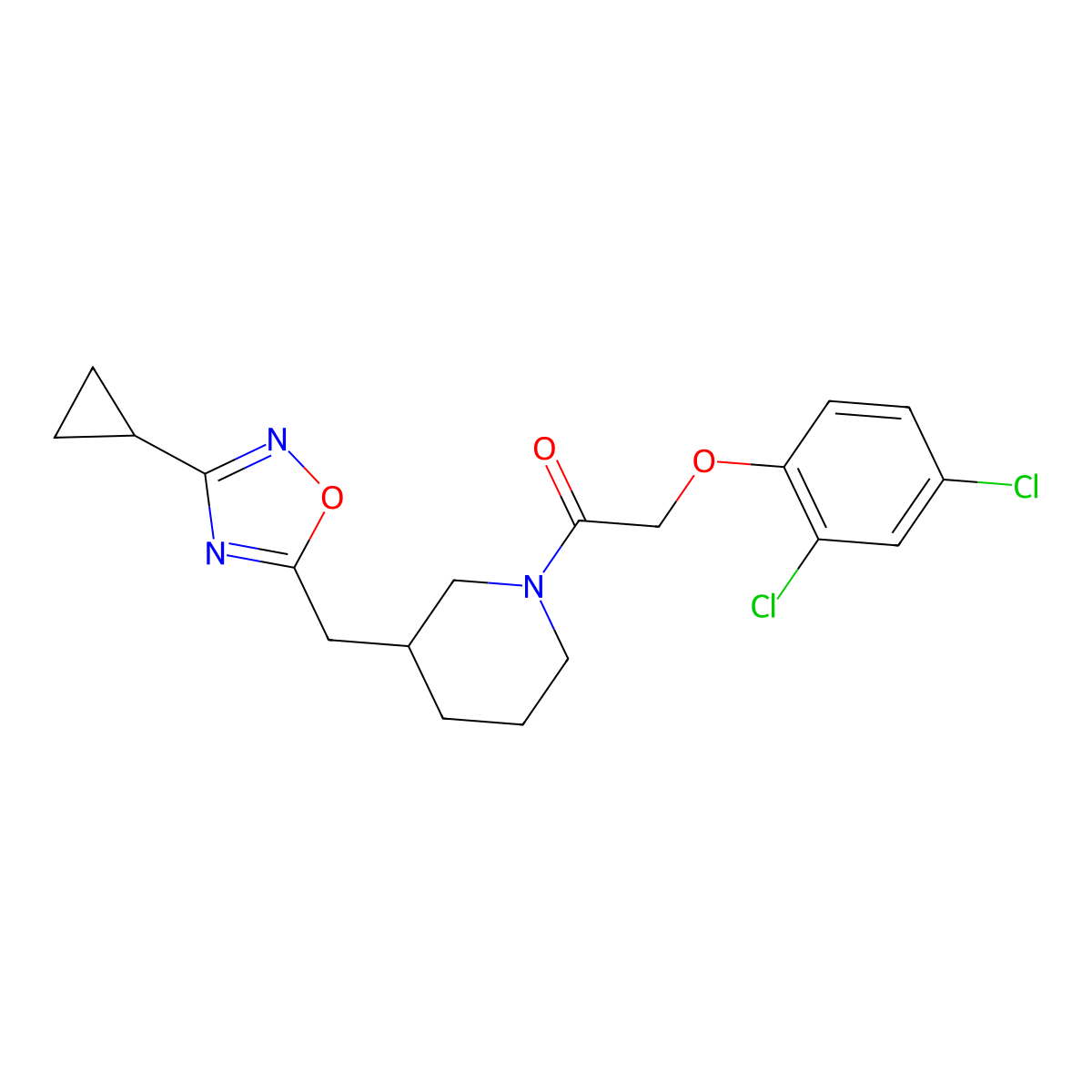 1-(3-((3-Cyclopropyl-1,2,4-oxadiazol-5-yl)methyl)piperidin-1-yl)-2-(2,4-dichlorophenoxy)ethanone molecular structure, CAS 1705127-34-9
