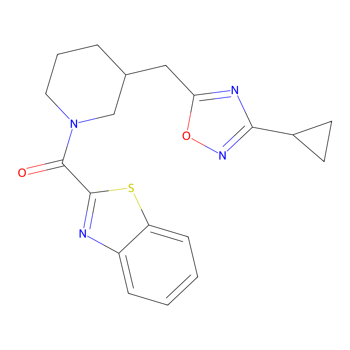 Benzo[d]thiazol-2-yl(3-((3-cyclopropyl-1,2,4-oxadiazol-5-yl)methyl)piperidin-1-yl)methanone molecular structure, CAS 1705127-51-0
