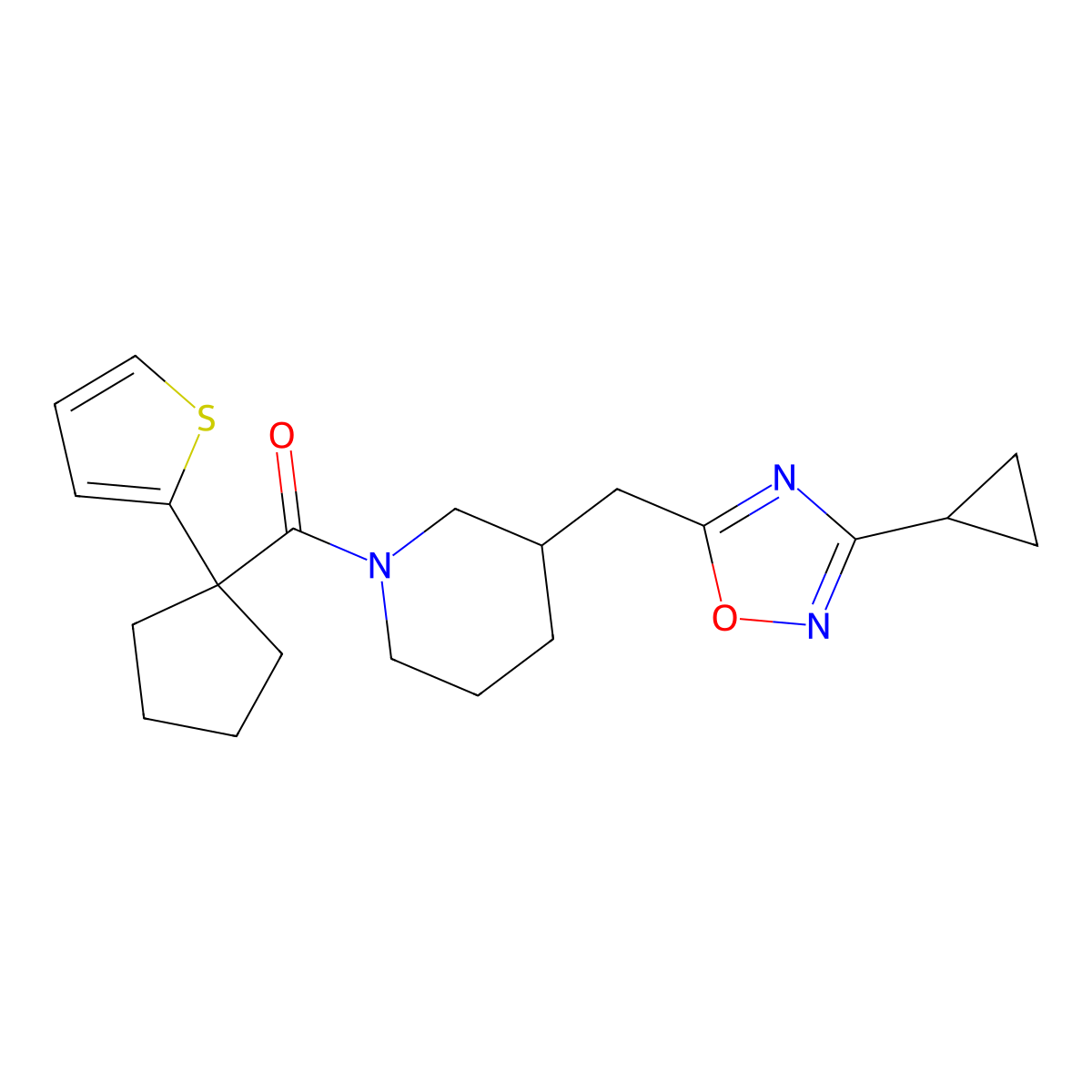 (3-((3-Cyclopropyl-1,2,4-oxadiazol-5-yl)methyl)piperidin-1-yl)(1-(thiophen-2-yl)cyclopentyl)methanone molecular structure, CAS 1705127-88-3
