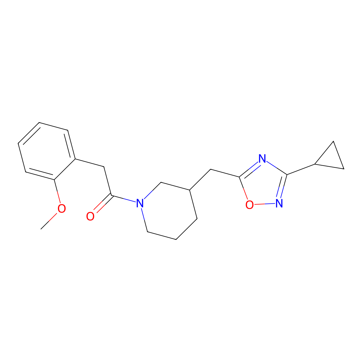 1-(3-((3-Cyclopropyl-1,2,4-oxadiazol-5-yl)methyl)piperidin-1-yl)-2-(2-methoxyphenyl)ethanone molecular structure, CAS 1705128-26-2