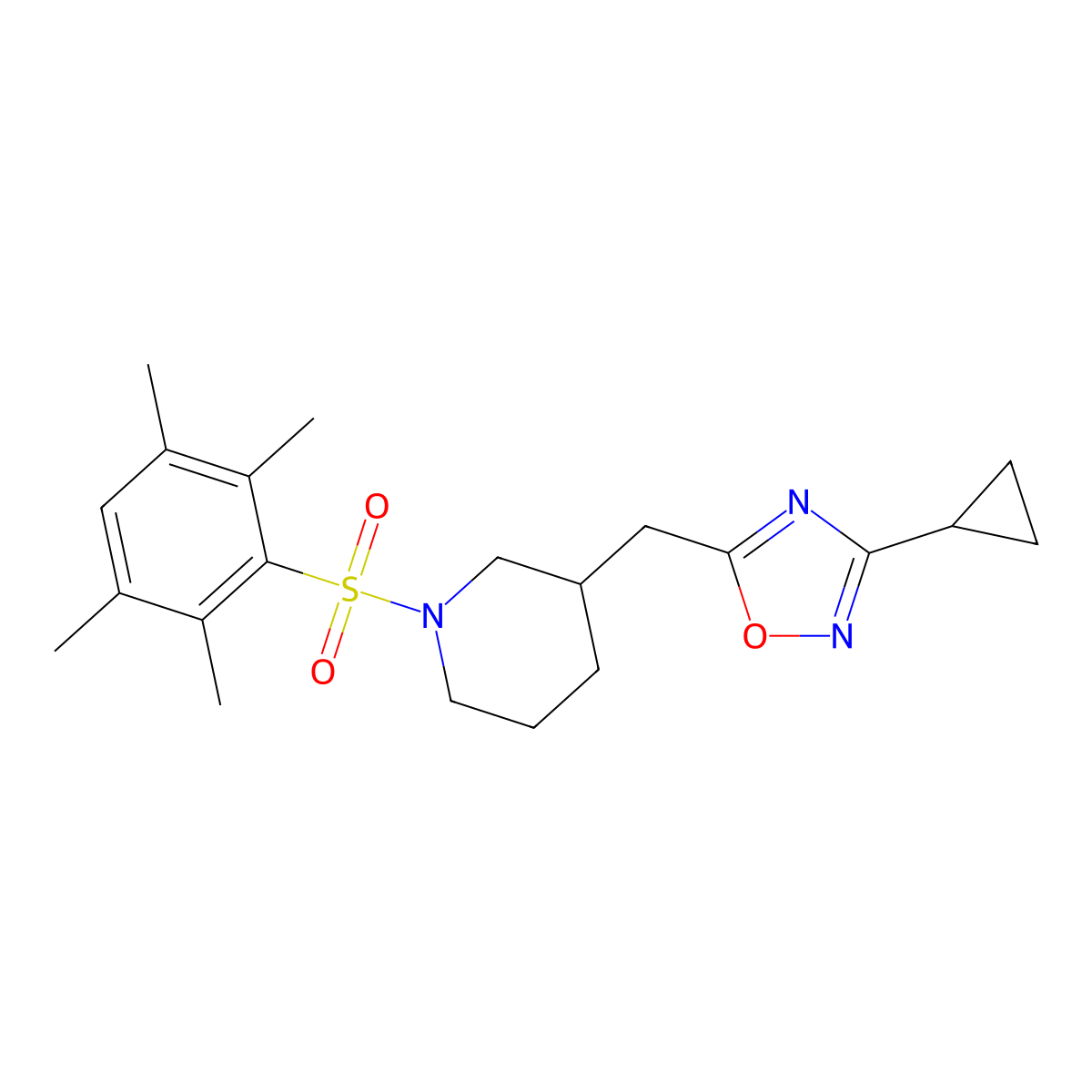 3-Cyclopropyl-5-((1-((2,3,5,6-tetramethylphenyl)sulfonyl)piperidin-3-yl)methyl)-1,2,4-oxadiazole molecular structure, CAS 1705128-96-6
