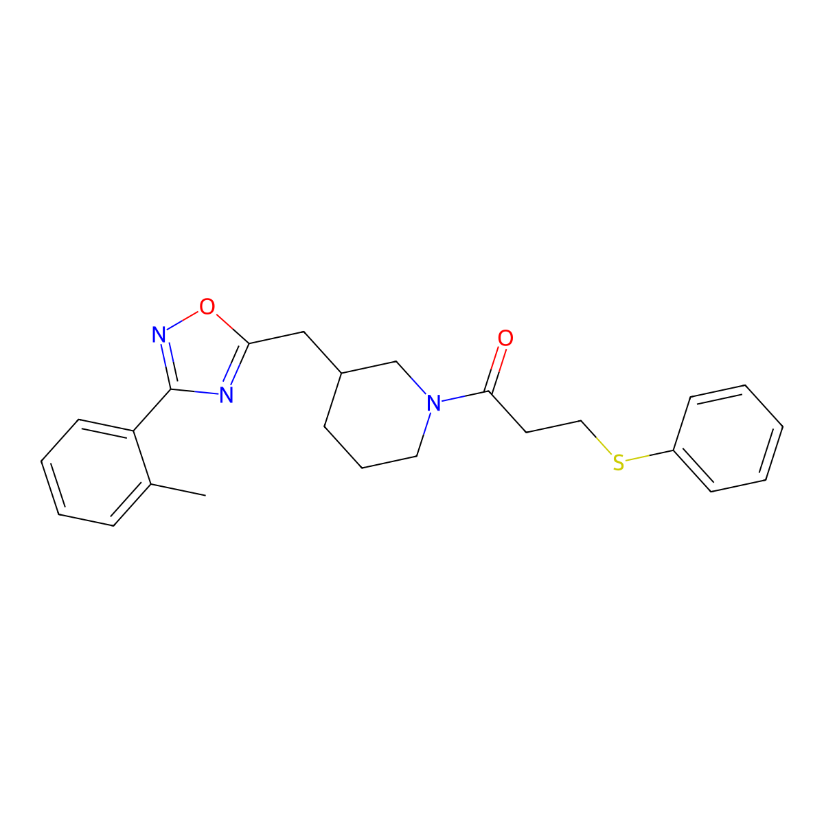 3-(Phenylthio)-1-(3-((3-(o-tolyl)-1,2,4-oxadiazol-5-yl)methyl)piperidin-1-yl)propan-1-one molecular structure, CAS 1705129-49-2