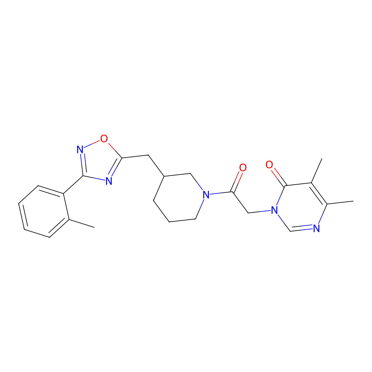 5,6-dimethyl-3-(2-oxo-2-(3-((3-(o-tolyl)-1,2,4-oxadiazol-5-yl)methyl)piperidin-1-yl)ethyl)pyrimidin-4(3H)-one molecular structure, CAS 1705129-58-3