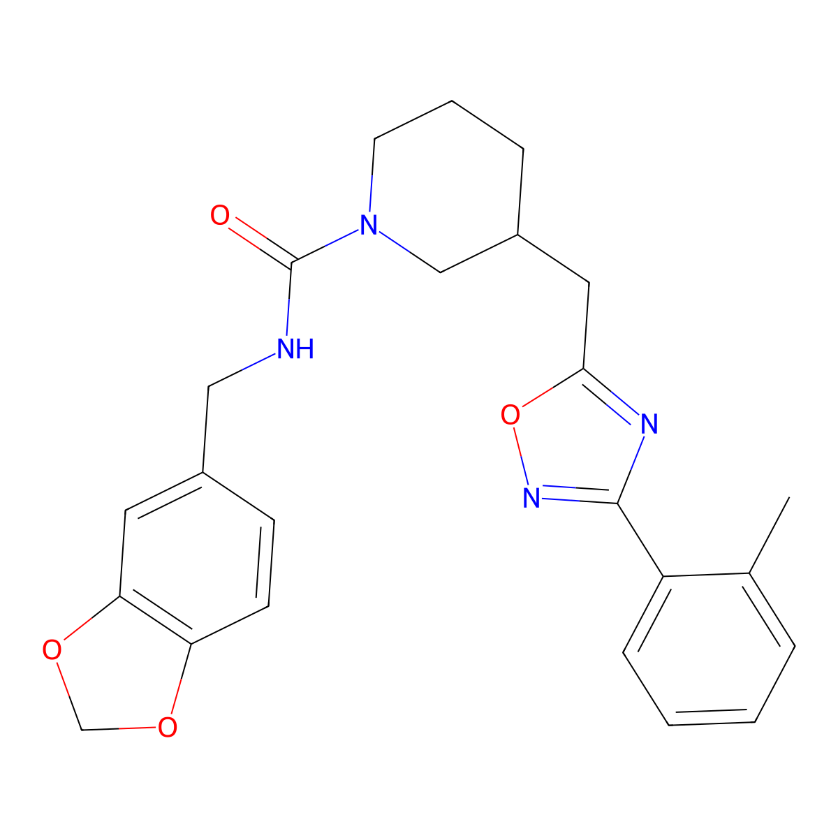 N-(benzo[d][1,3]dioxol-5-ylmethyl)-3-((3-(o-tolyl)-1,2,4-oxadiazol-5-yl)methyl)piperidine-1-carboxamide molecular structure, CAS 1705129-98-1