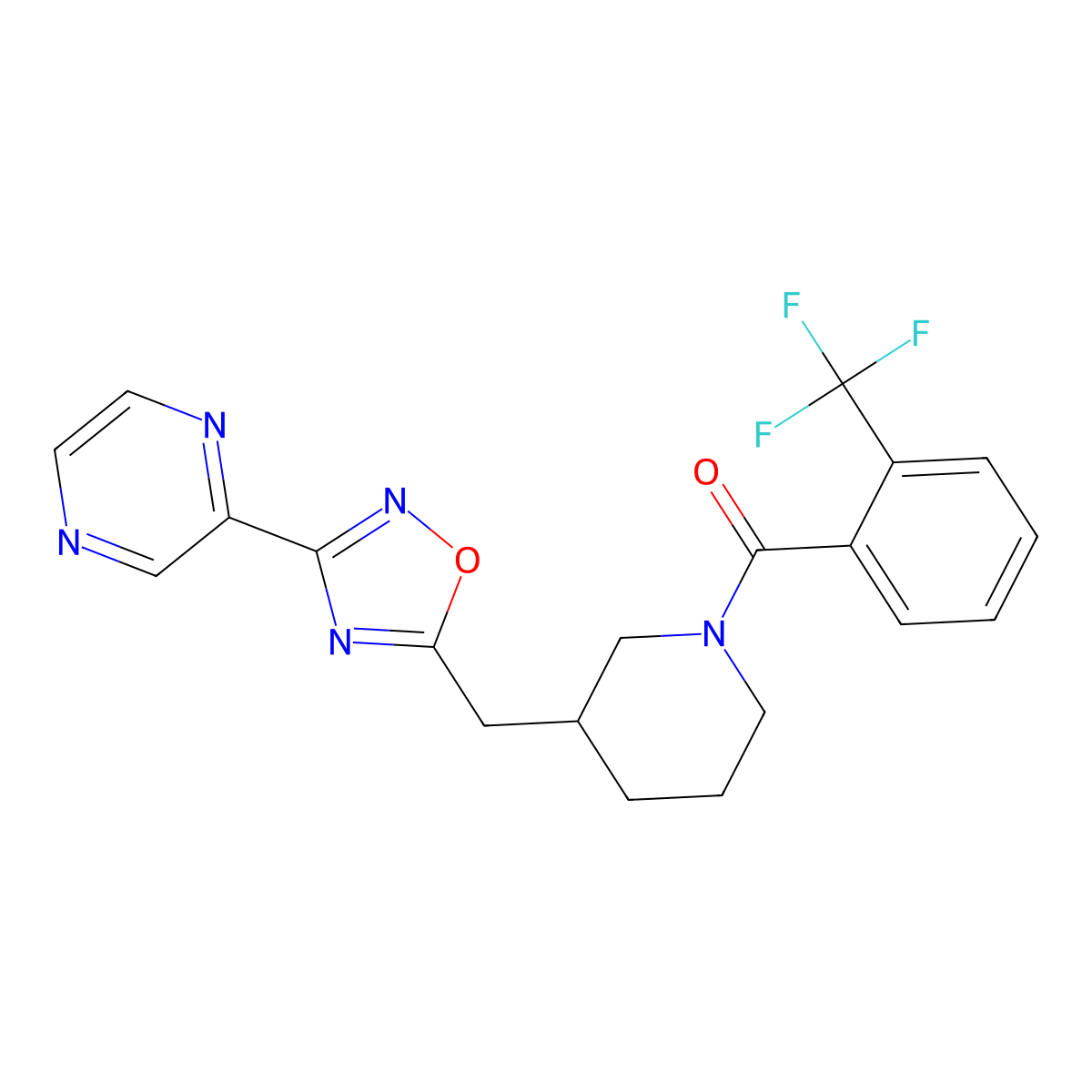(3-((3-(Pyrazin-2-yl)-1,2,4-oxadiazol-5-yl)methyl)piperidin-1-yl)(2-(trifluoromethyl)phenyl)methanone molecular structure, CAS 1705130-24-0