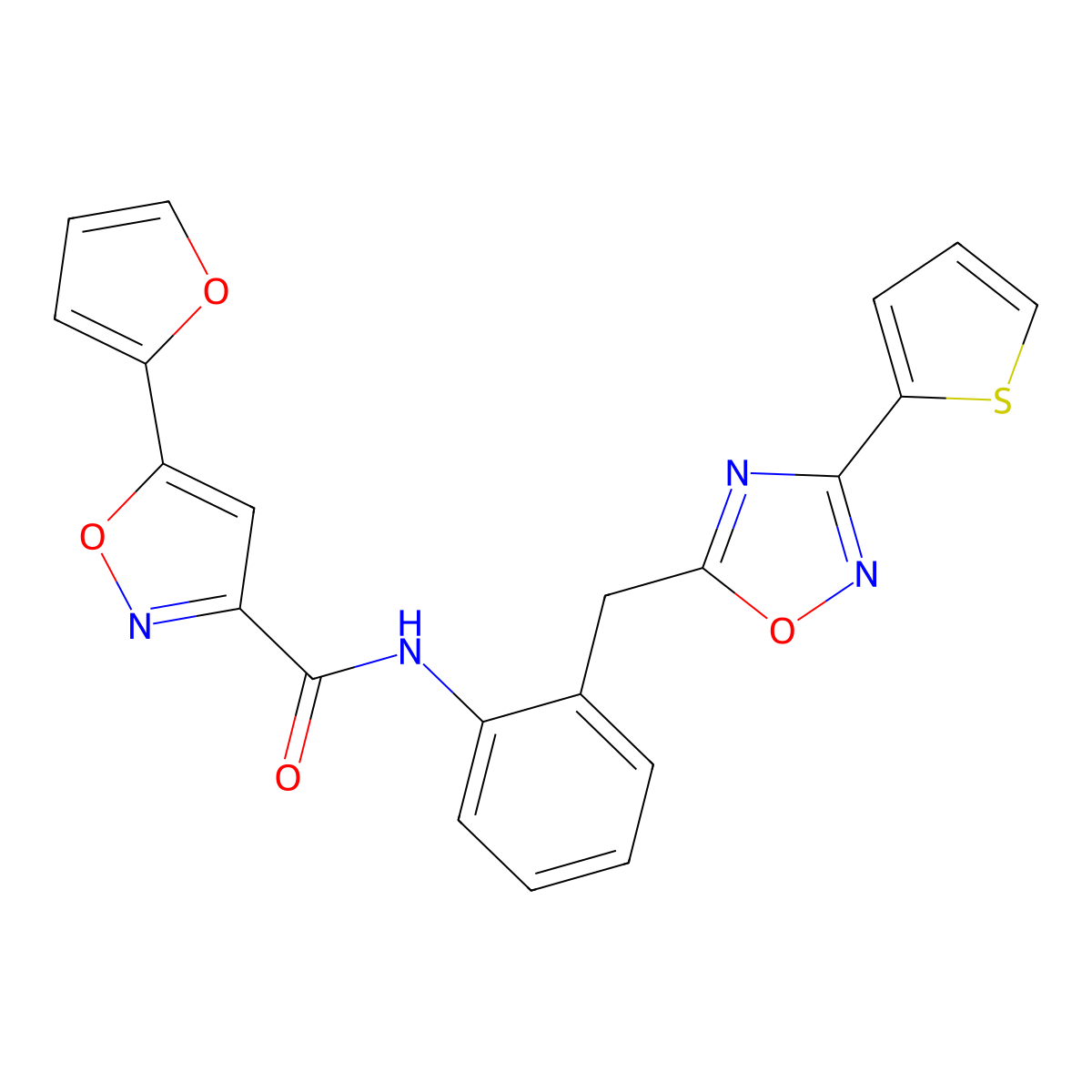 5-(furan-2-yl)-N-(2-((3-(thiophen-2-yl)-1,2,4-oxadiazol-5-yl)methyl)phenyl)isoxazole-3-carboxamide molecular structure, CAS 1705130-41-1
