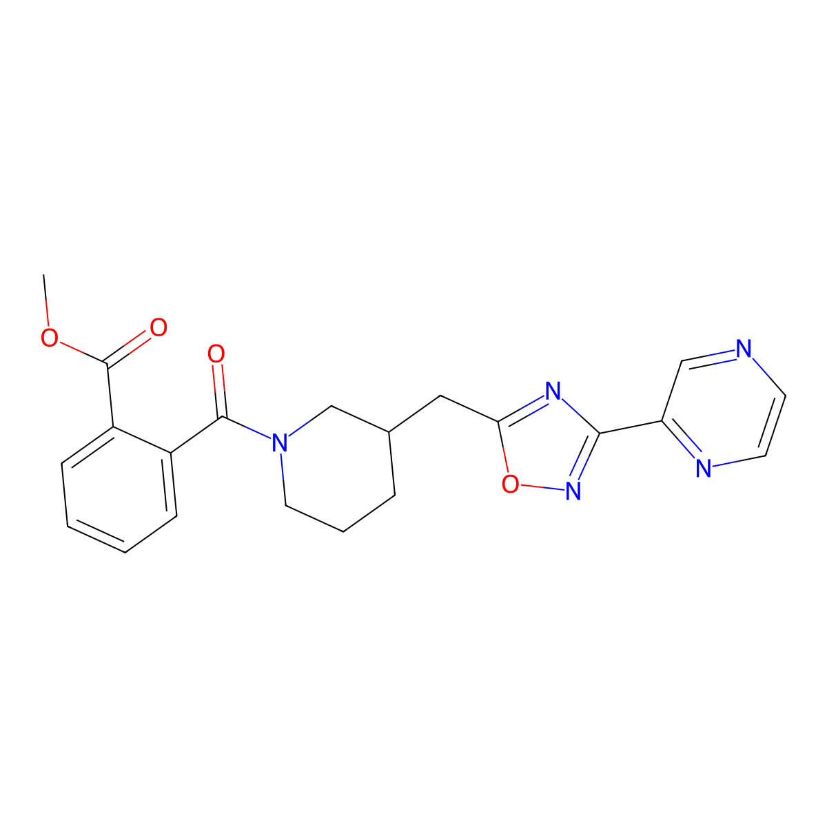 Methyl 2-(3-{[3-(pyrazin-2-yl)-1,2,4-oxadiazol-5-yl]methyl}piperidine-1-carbonyl)benzoate molecular structure, CAS 1705130-48-8